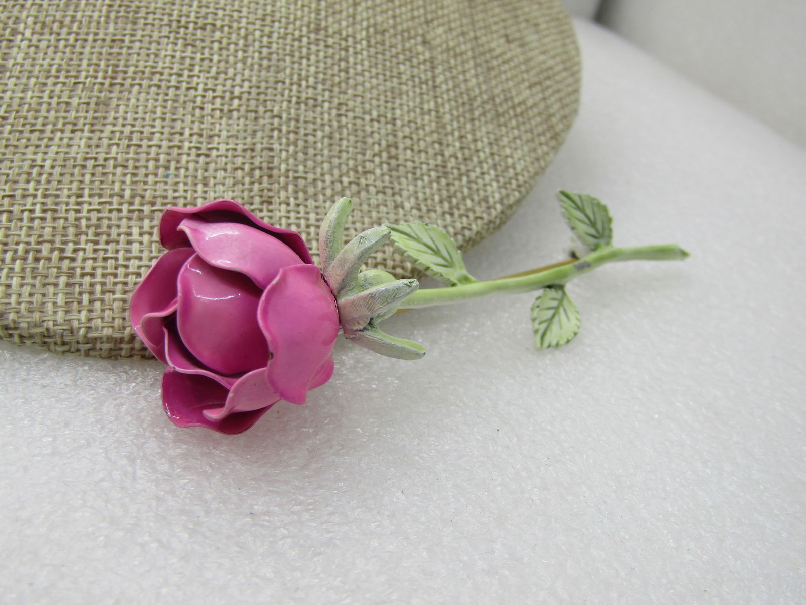 Vintage Pink Enameled Rose Brooch, Long Stem, 3.75" - 3
