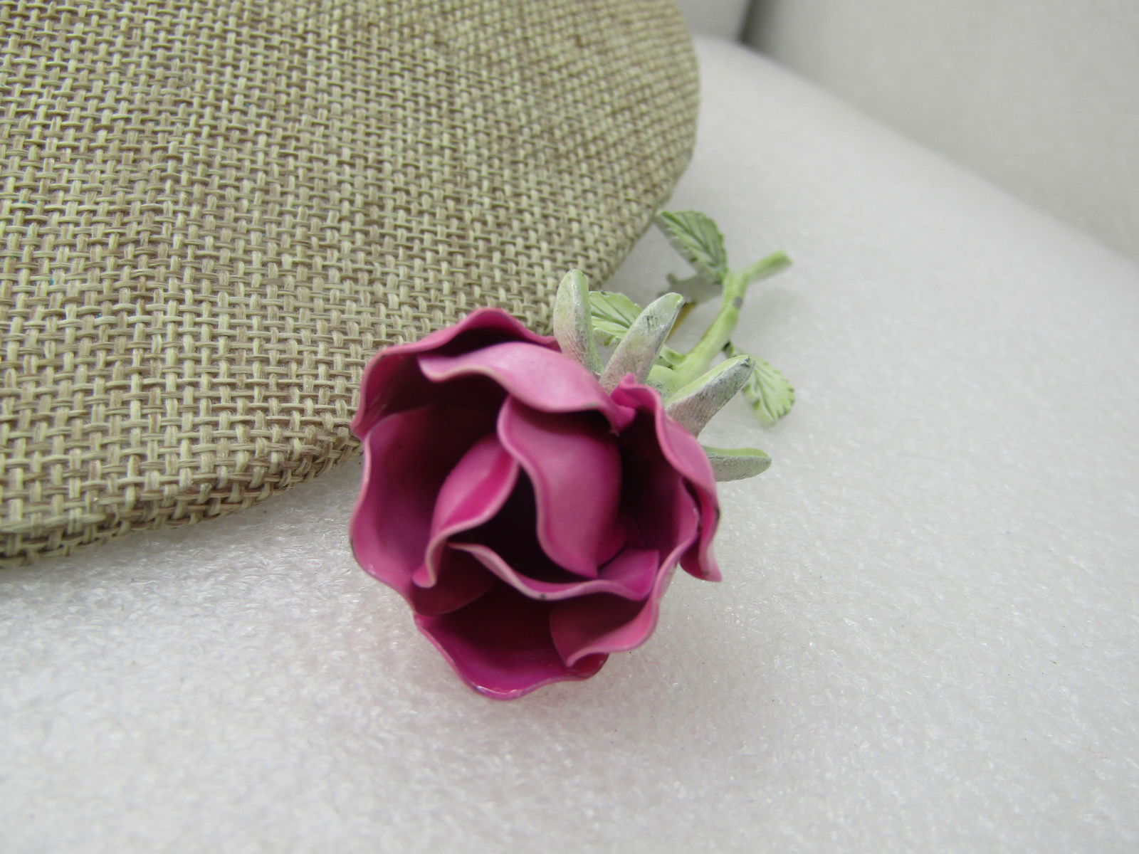 Vintage Pink Enameled Rose Brooch, Long Stem, 3.75" - 4