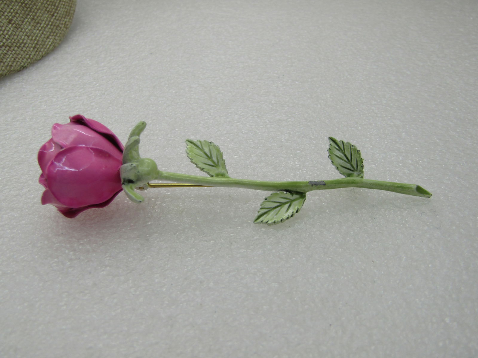 Vintage Pink Enameled Rose Brooch, Long Stem, 3.75" - 5