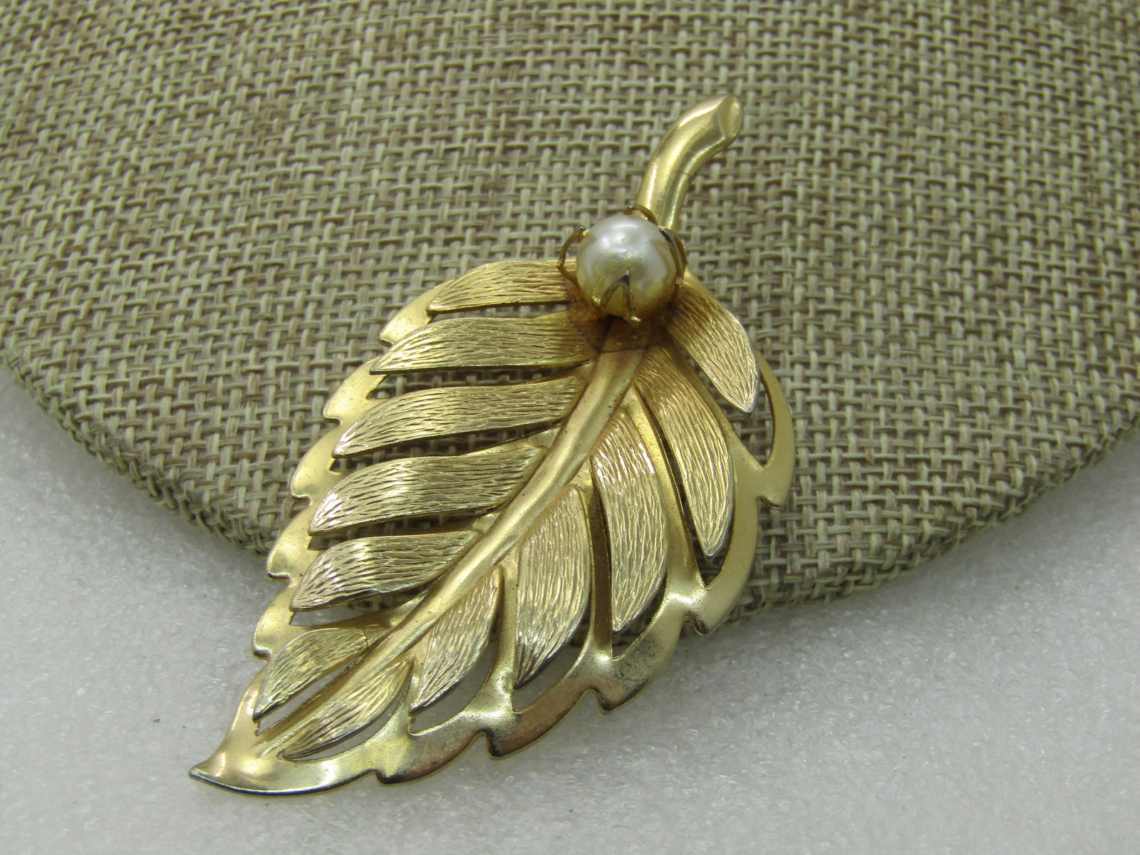 Vintage Leaf With Faux Pearl Brooch, 1960's, 3" - 3