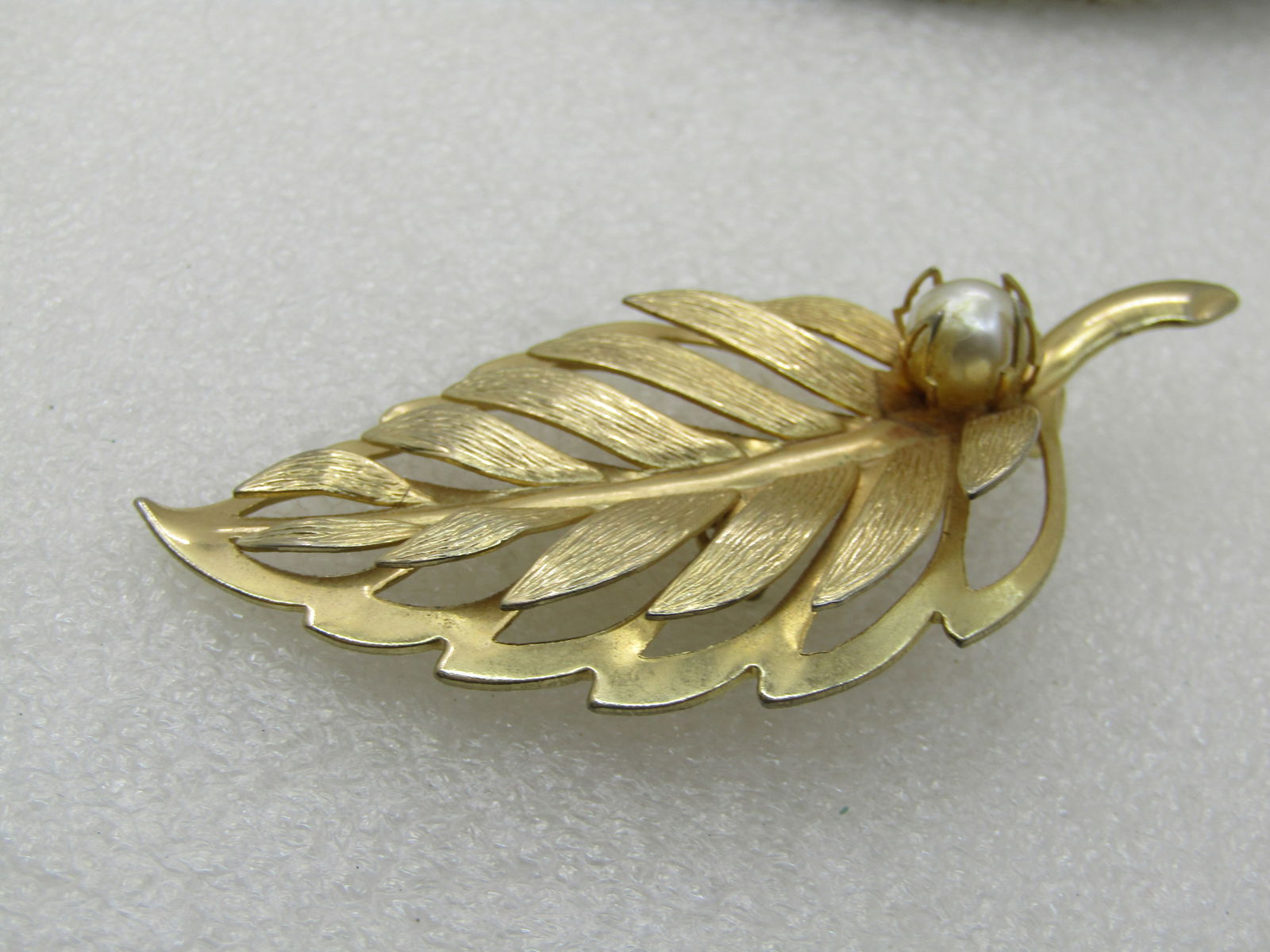 Vintage Leaf With Faux Pearl Brooch, 1960's, 3" - 4