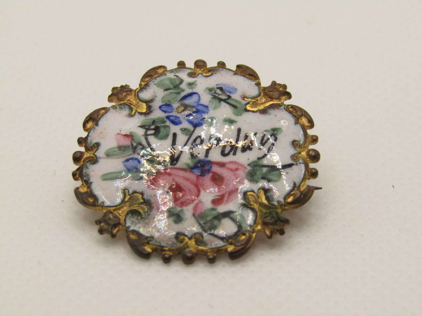 Antique Floral Enameled Brooch with Veroluv Name, late 1800's, early 1900's (1 of 5)