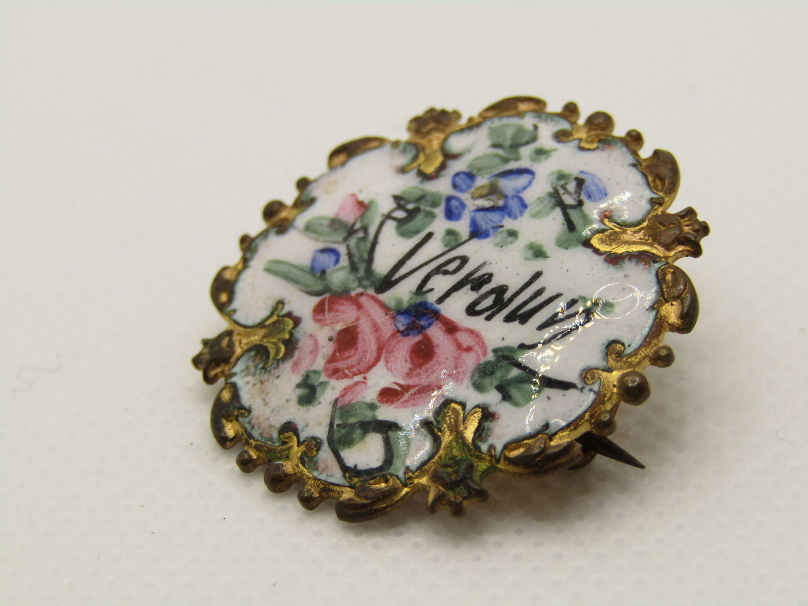 Antique Floral Enameled Brooch with Veroluv Name, late 1800's, early 1900's - 3