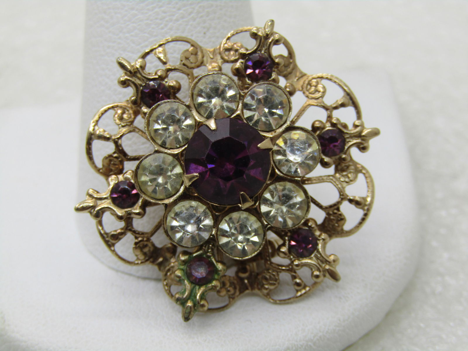 Vintage Purple and Clear Rhinestone Brooch, Fleur-de-Lis Accents, Victorian themed 1" NL - 2