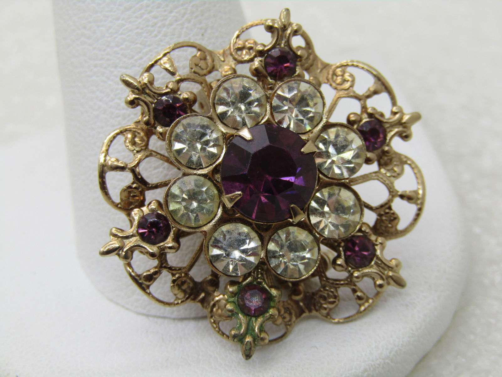 Vintage Purple and Clear Rhinestone Brooch, Fleur-de-Lis Accents, Victorian themed 1" NL - 3