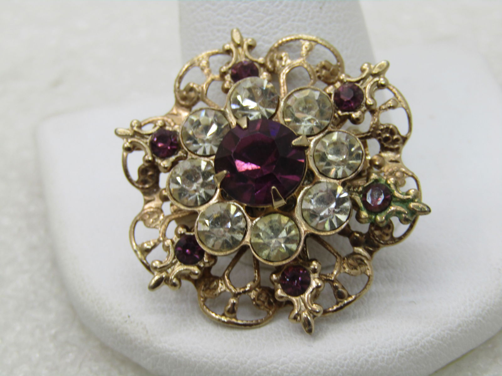 Vintage Purple and Clear Rhinestone Brooch, Fleur-de-Lis Accents, Victorian themed 1" NL - 4
