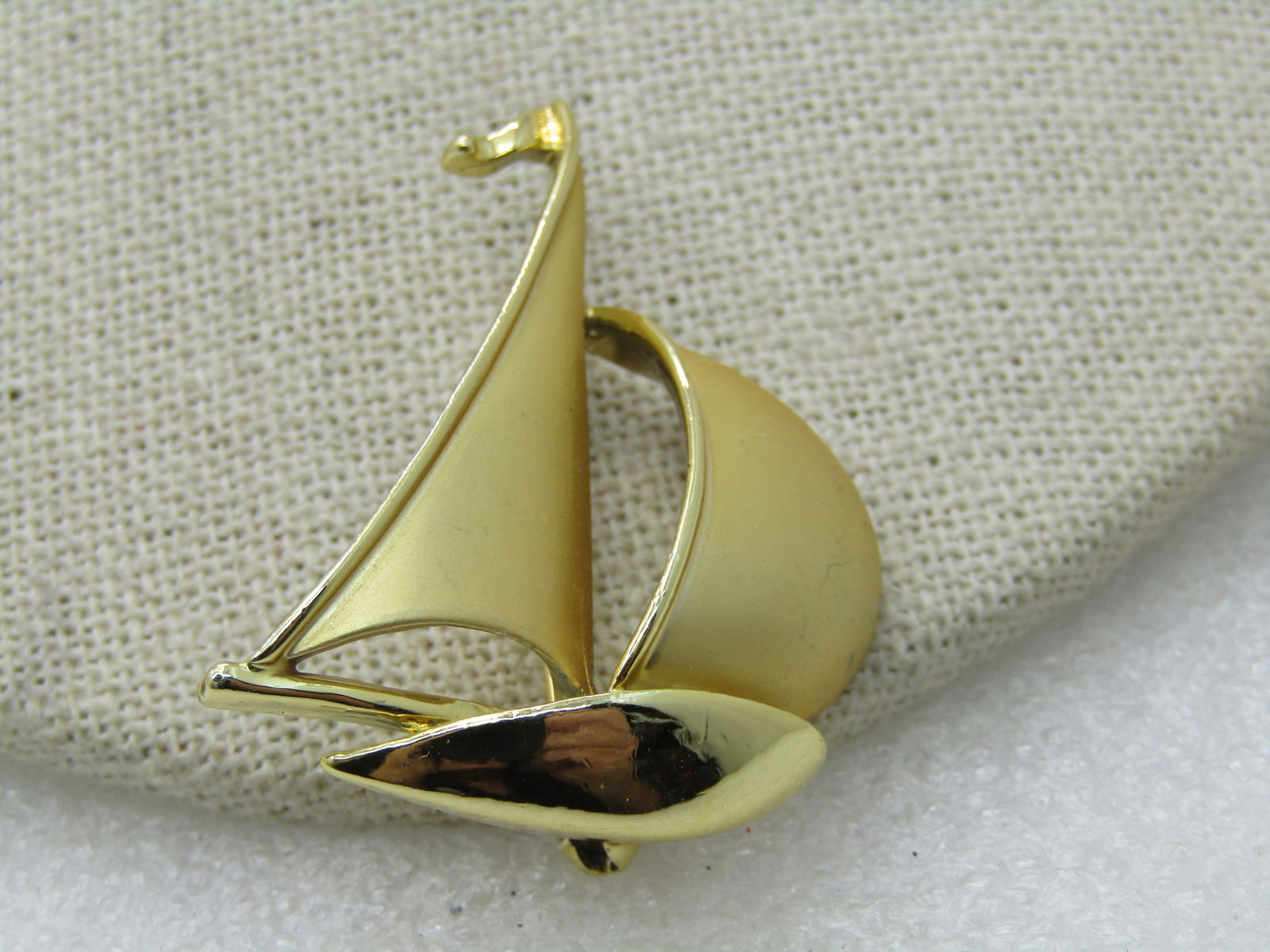 Vintage Sailboat Brooch, Textured & Smooth Gold Tone, 1960's-1970's, 1.75" - 2
