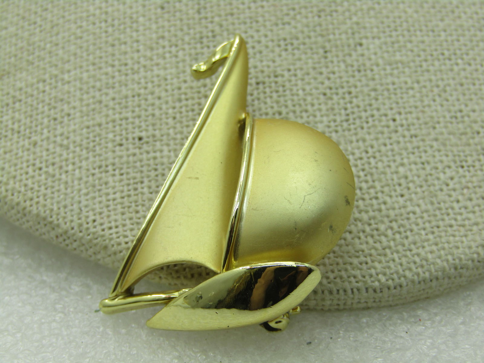 Vintage Sailboat Brooch, Textured & Smooth Gold Tone, 1960's-1970's, 1.75" - 3