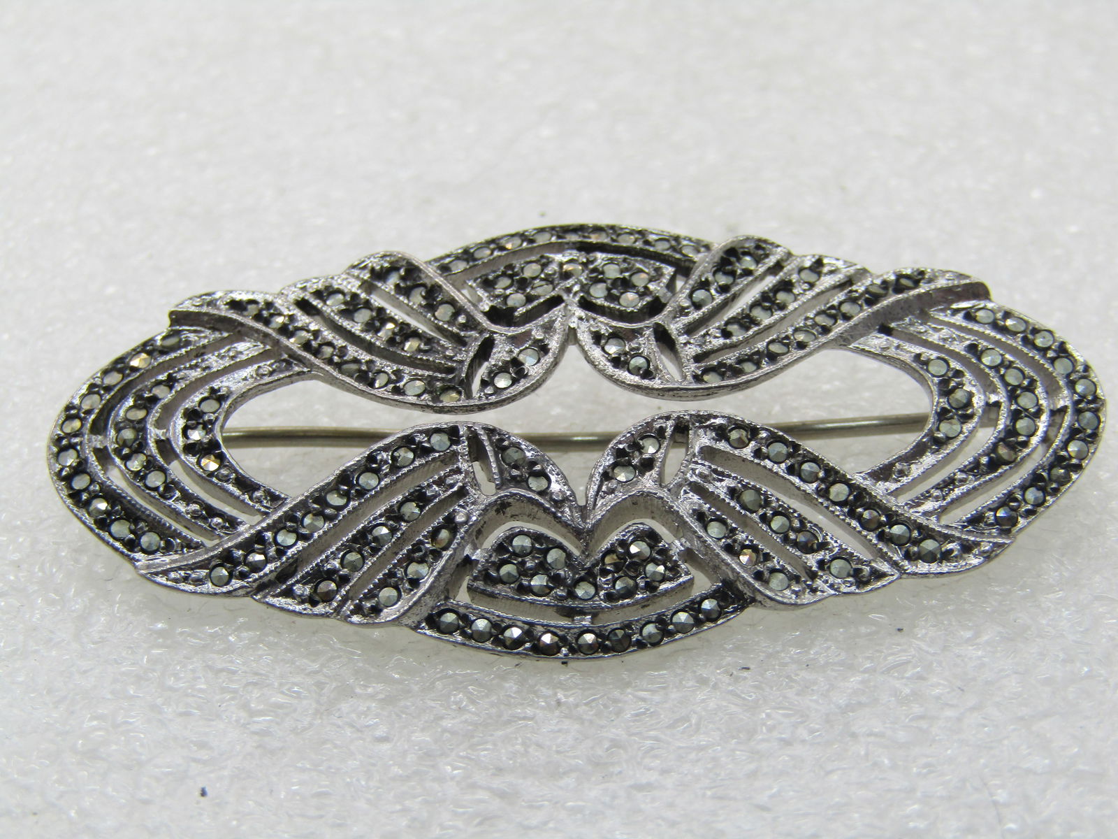 Vintage Sterling Marcasite Open Brooch, 2" - 5