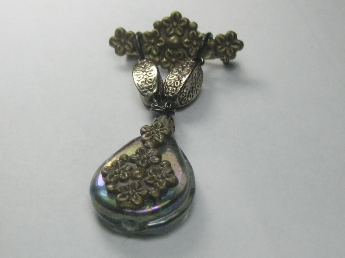 Vintage Brass & Iridescent Glass Bar & Dangle Brooch, Victorian Themed - 2