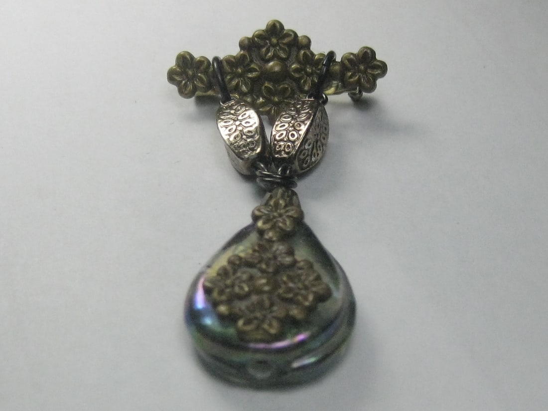 Vintage Brass & Iridescent Glass Bar & Dangle Brooch, Victorian Themed - 3