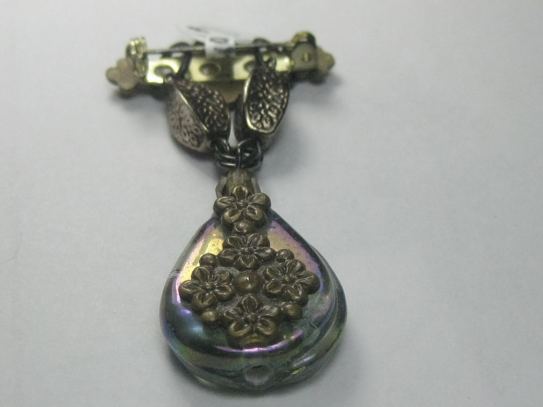 Vintage Brass & Iridescent Glass Bar & Dangle Brooch, Victorian Themed - 4