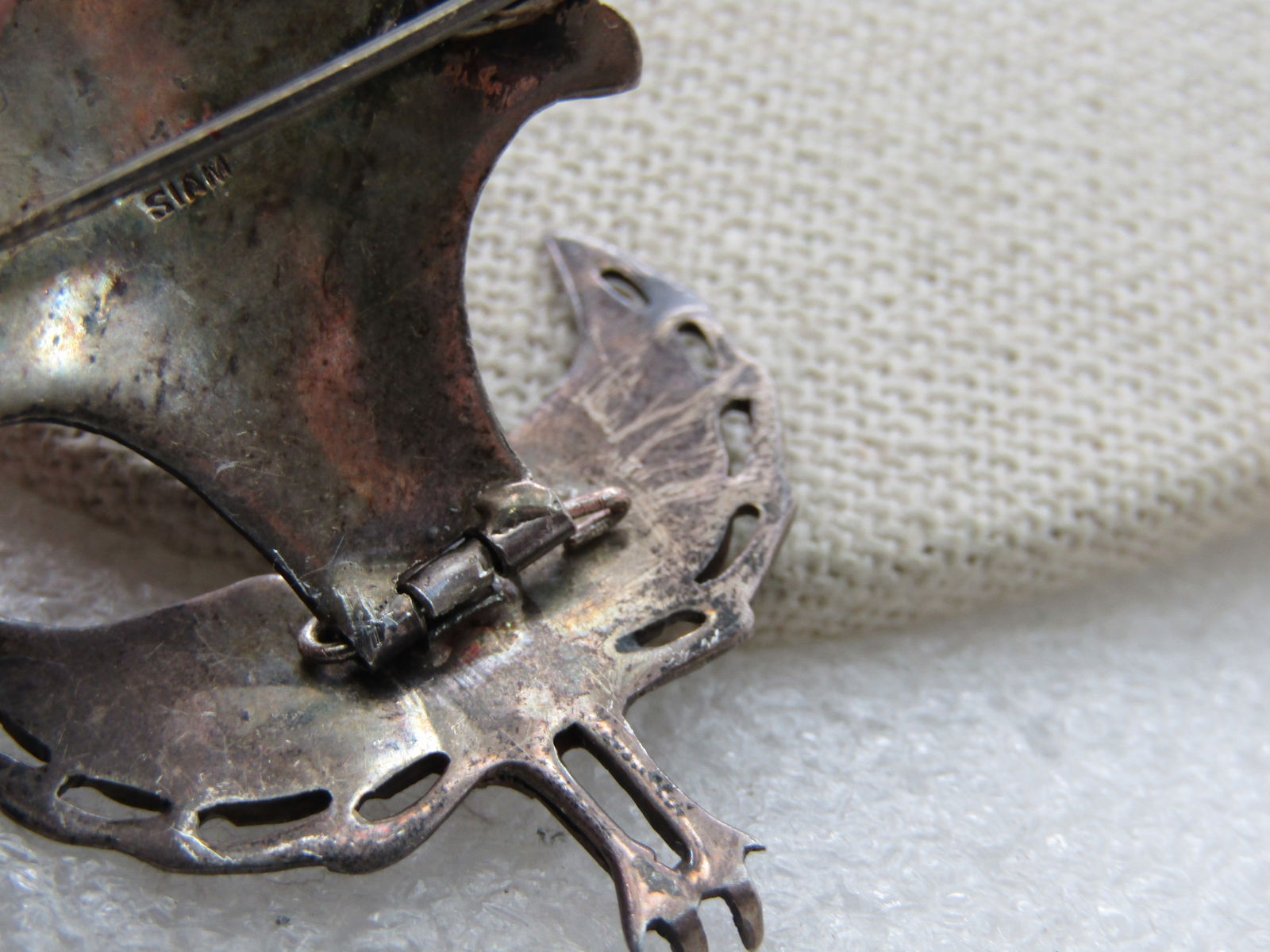 Vintage Sterling Siam Peacock Hinged Brooch, 1940's-1950's, 2" - 7