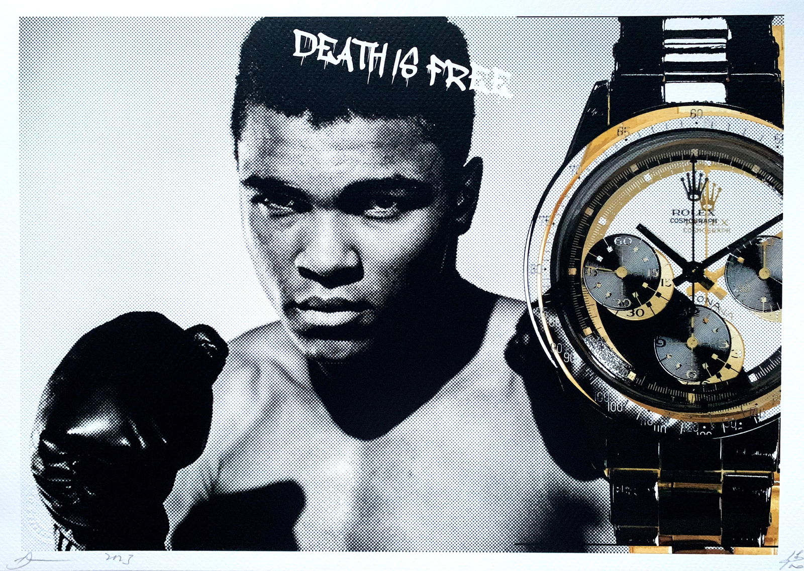 Death NYC Muhammad Ali Rolex: Title:Death NYC Muhammad Ali Rolex Date/Period:21st Century Materials:Giclee on Fine art 300 gsm paper Size:17 3/4 x 12 1/2 inches Description:Artist: Death NYC, limited edition giclee on paper, out o