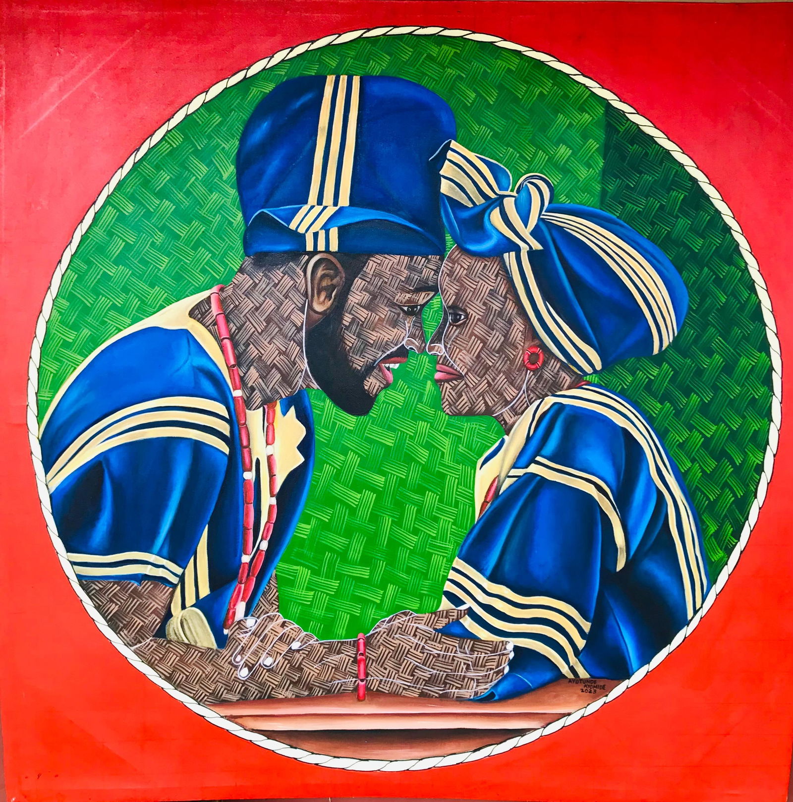 Ayotunde Ayomide, Iron Sharpens Iron -Contemporary, 21st Century, Figurative Portrait, Couple Love,: Creator: Ayotunde Ayomide (1996, Nigerian) Creation Year: 2023 Dimensions: Height: 48 in (121.92 cm)Width: 48 in (121.92 cm)Depth: 1 in (2.54 cm) Medium: Canvas,Acrylic Movement & Style: Contemporary