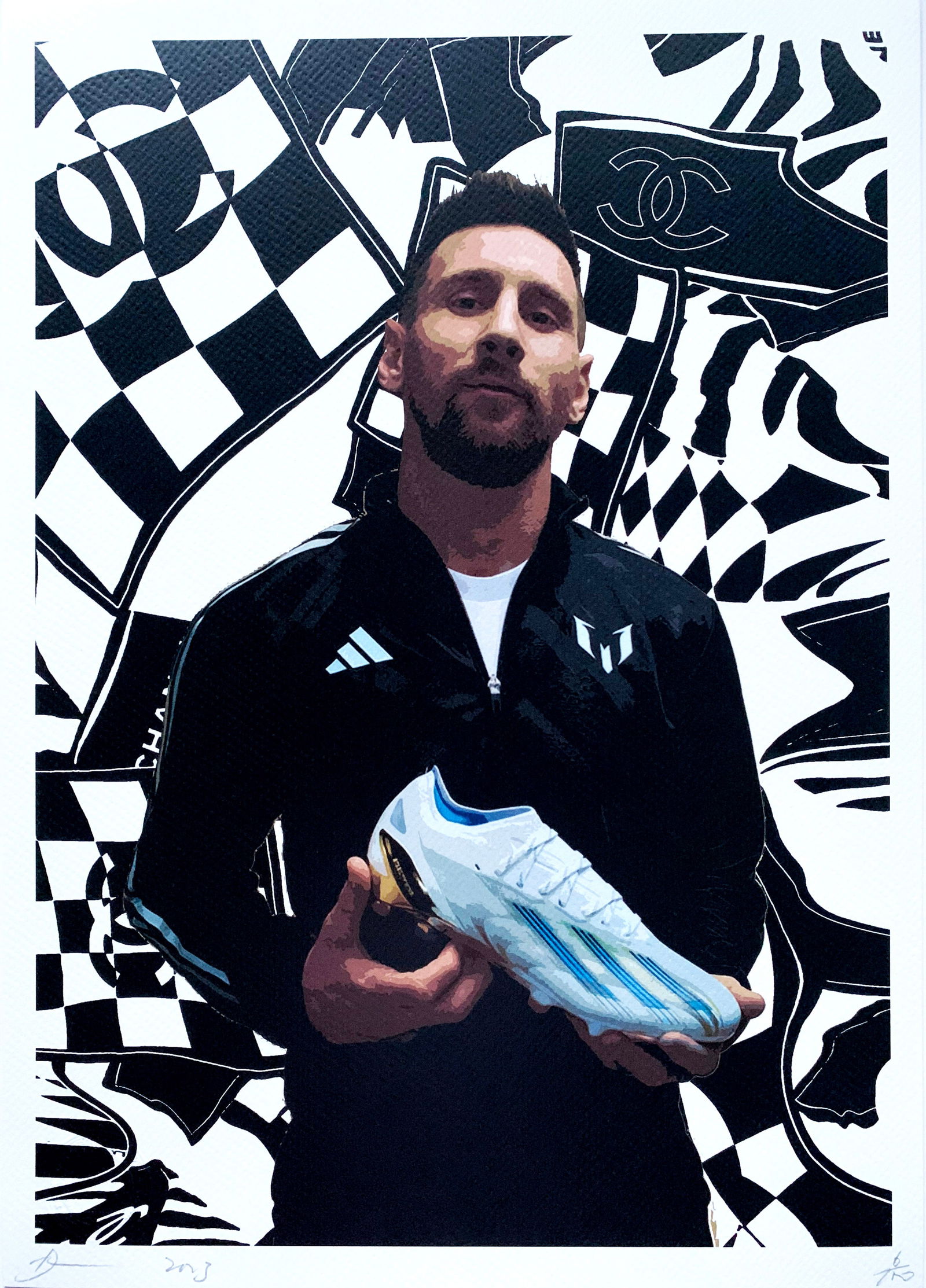 Death NYC Lionel Messi Adidas Chanel: Title:Death NYC Lionel Messi Adidas Chanel Date/Period:21st Century Materials:Giclee on Fine art 300 gsm paper Size:17 3/4 x 12 1/2 inches Description:Artist: Death NYC, limited edition giclee on pape