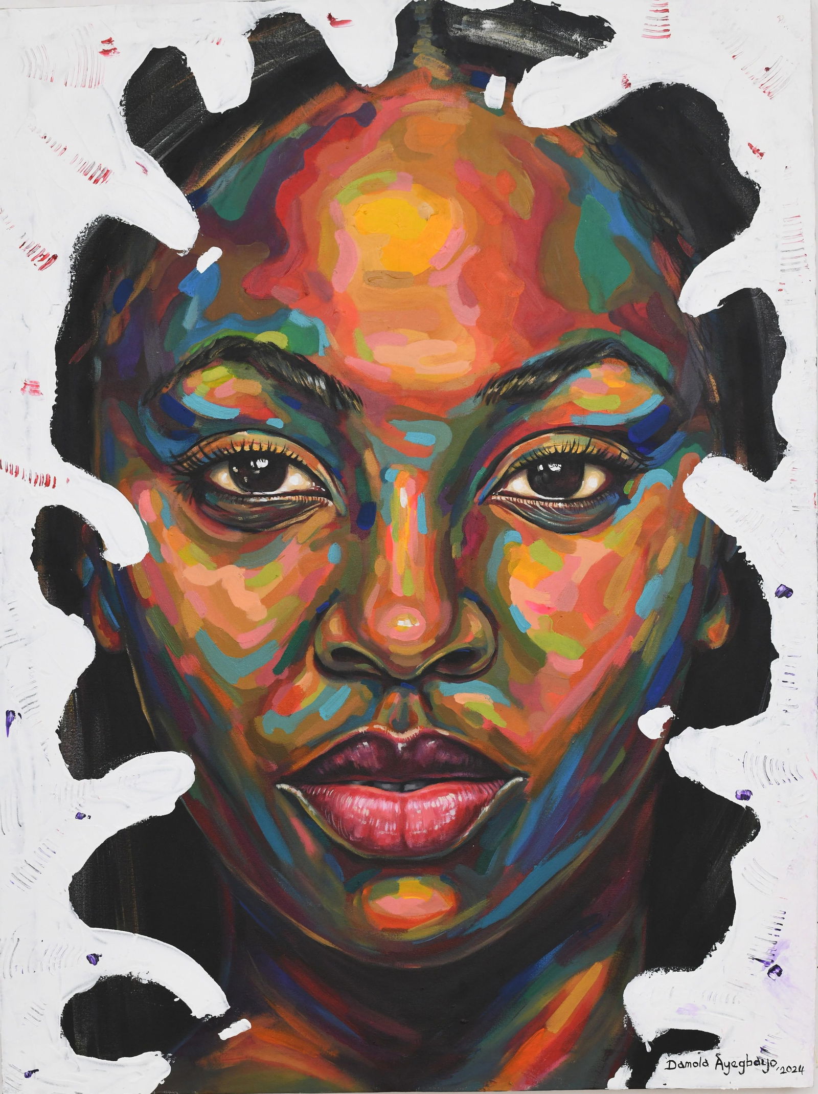 Damola Ayegbayo , Isolation 4 - 21st Century, Contemporary, Figurative Portrait, Women, Colours,: Creator: Damola Ayegbayo (1987, Nigerian) Creation Year: 2024 Dimensions: Height: 48 in (121.92 cm)Width: 36 in (91.44 cm)Depth: 1 in (2.54 cm) Medium: Canvas,Acrylic Movement & Style: Contemporary Pe