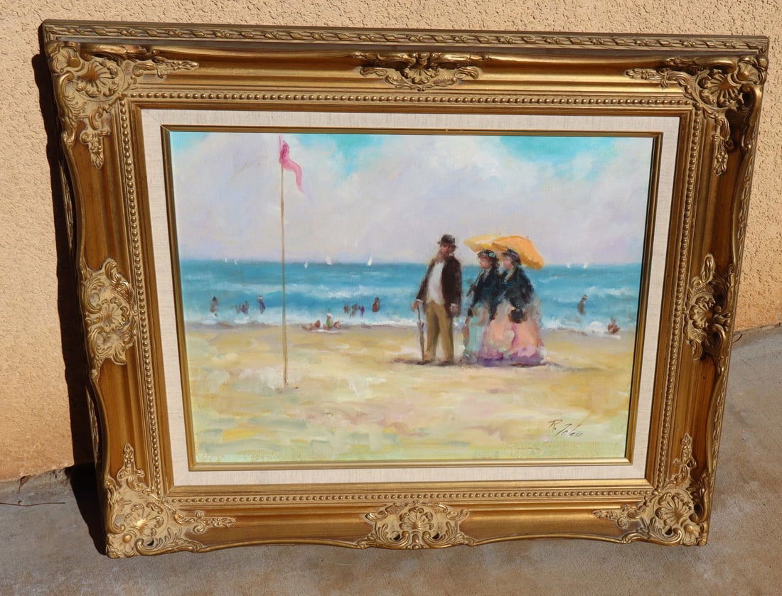RICHARD JUDSON ZOLAN Original oil painting Figures Strolling at the Beach 1997: Title:RICHARD JUDSON ZOLAN Original oil painting Figures Strolling at the Beach 1997 Description:RICHARD JUDSON ZOLAN (1931-2001). Original oil painting. "Beachfront Stroll" featuring a Man and Two Wo