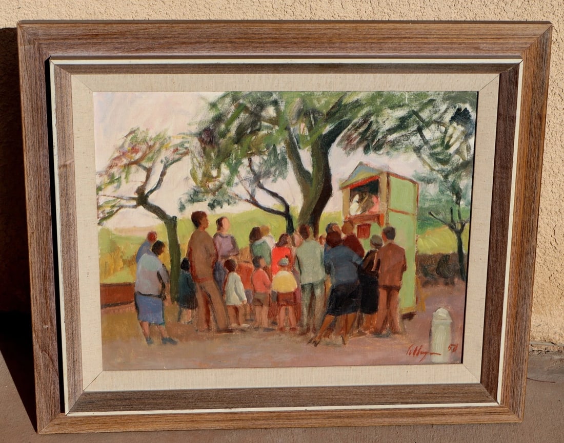 Luigi Pellegrino (Italian 1905-1970) Pulcinella's Puppet Theatre Rome 1958 oil: Title:Luigi Pellegrino (Italian 1905-1970) Pulcinella's Puppet Theatre Rome 1958 oil Description:LUIGI PELLEGRINO (Italian 1905-1970). Teatrino Di Pulcinella Al Pincio (Pulcinella's Puppet Theatre at