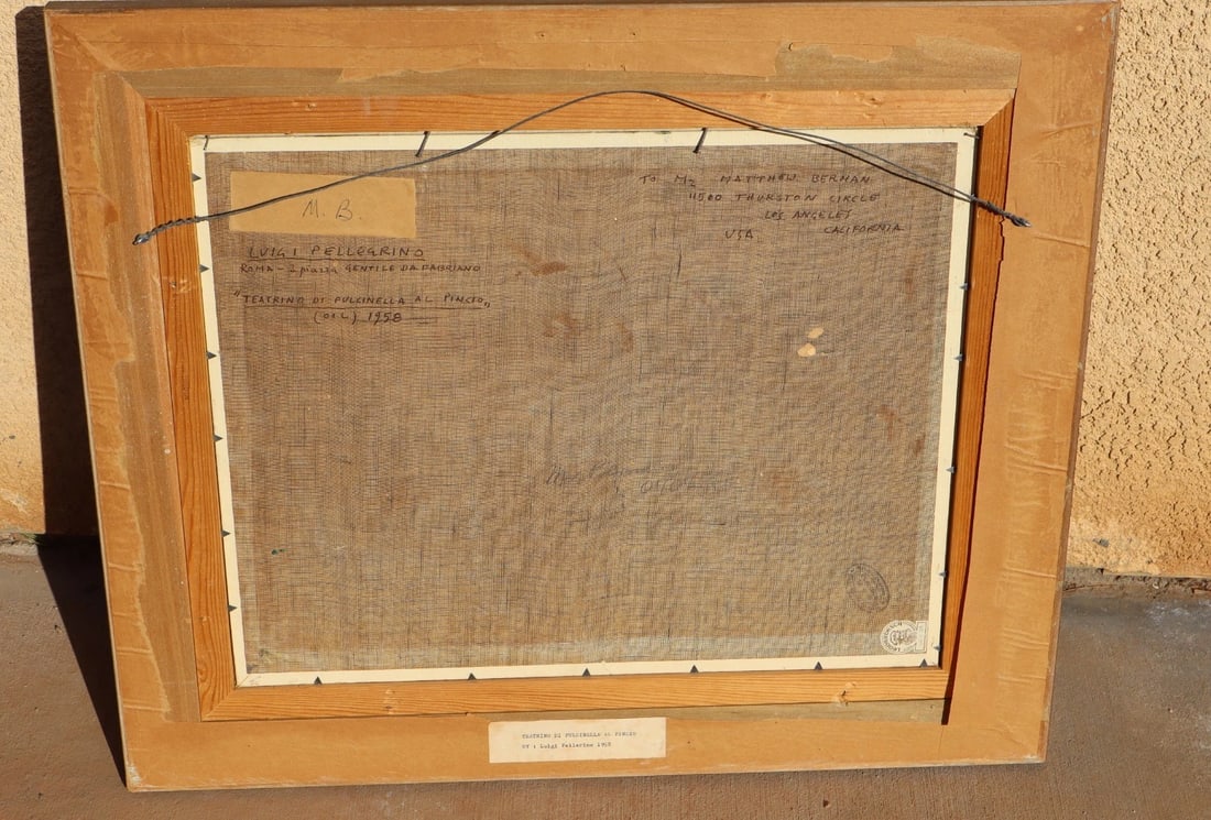 Luigi Pellegrino (Italian 1905-1970) Pulcinella's Puppet Theatre Rome 1958 oil - 5