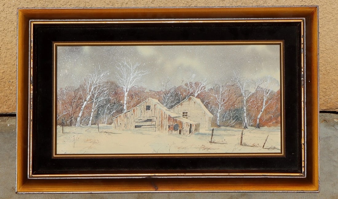 GUY ROWBURY Original Acrylic painting Snow Falling on a Farm in Winter Early 70s (1 of 4)