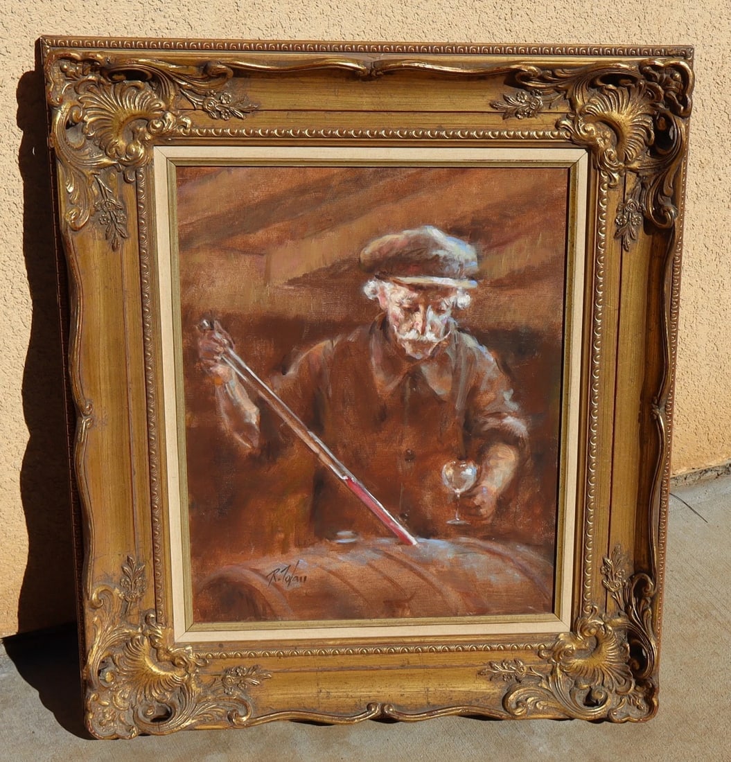 RICHARD JUDSON ZOLAN Original oil Man in a Wine Celler With Keg & Tester 1997: Title:RICHARD JUDSON ZOLAN Original oil Man in a Wine Celler With Keg & Tester 1997 Description:RICHARD JUDSON ZOLAN (1931-2001). Original oil painting. "The Wine Cellar" featuring a Man with a Wine T