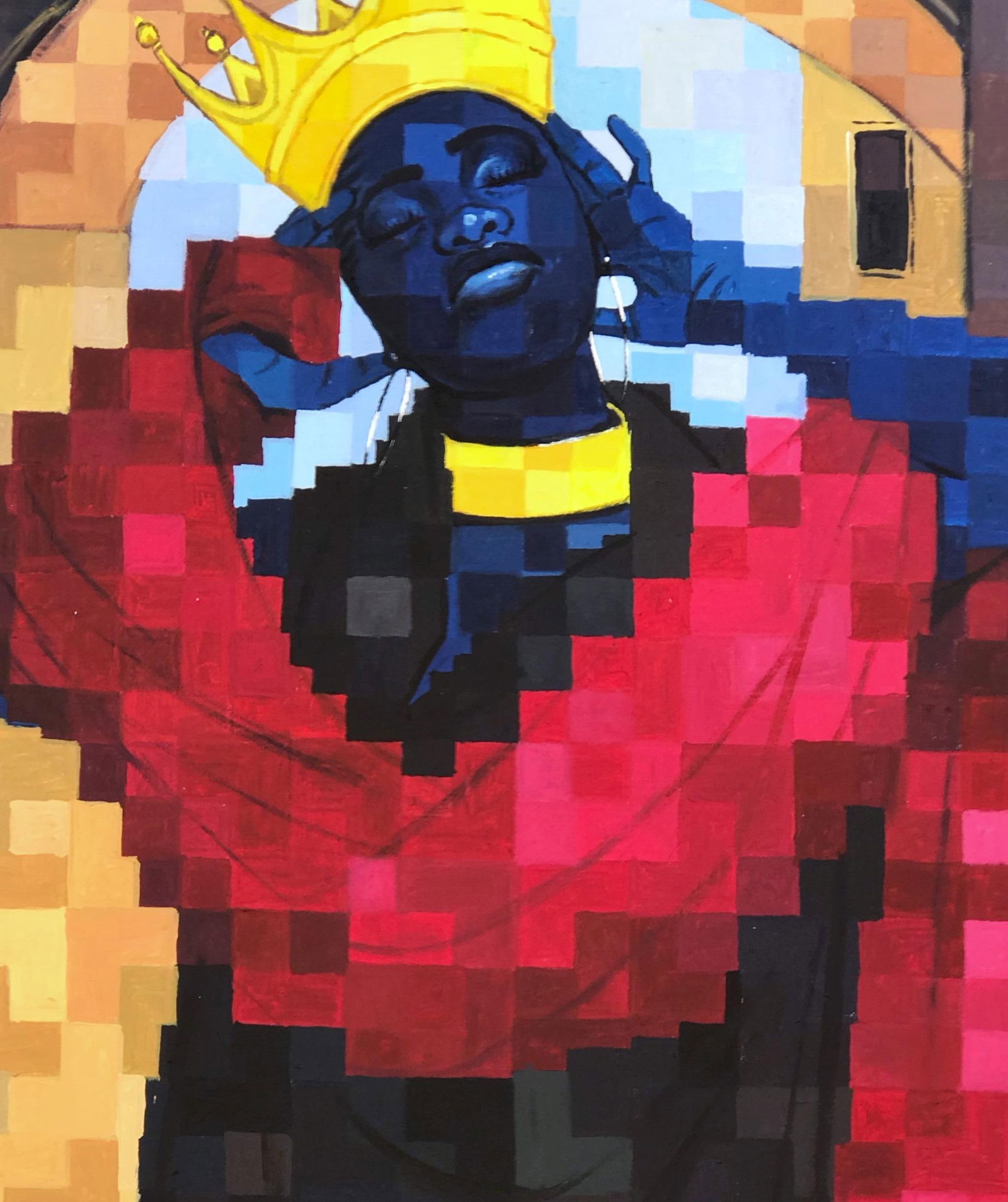 Olamilekan Okunade, Woman King -21st Century, Contemporary, Figurative, Pixelated, Red, Crown - 12