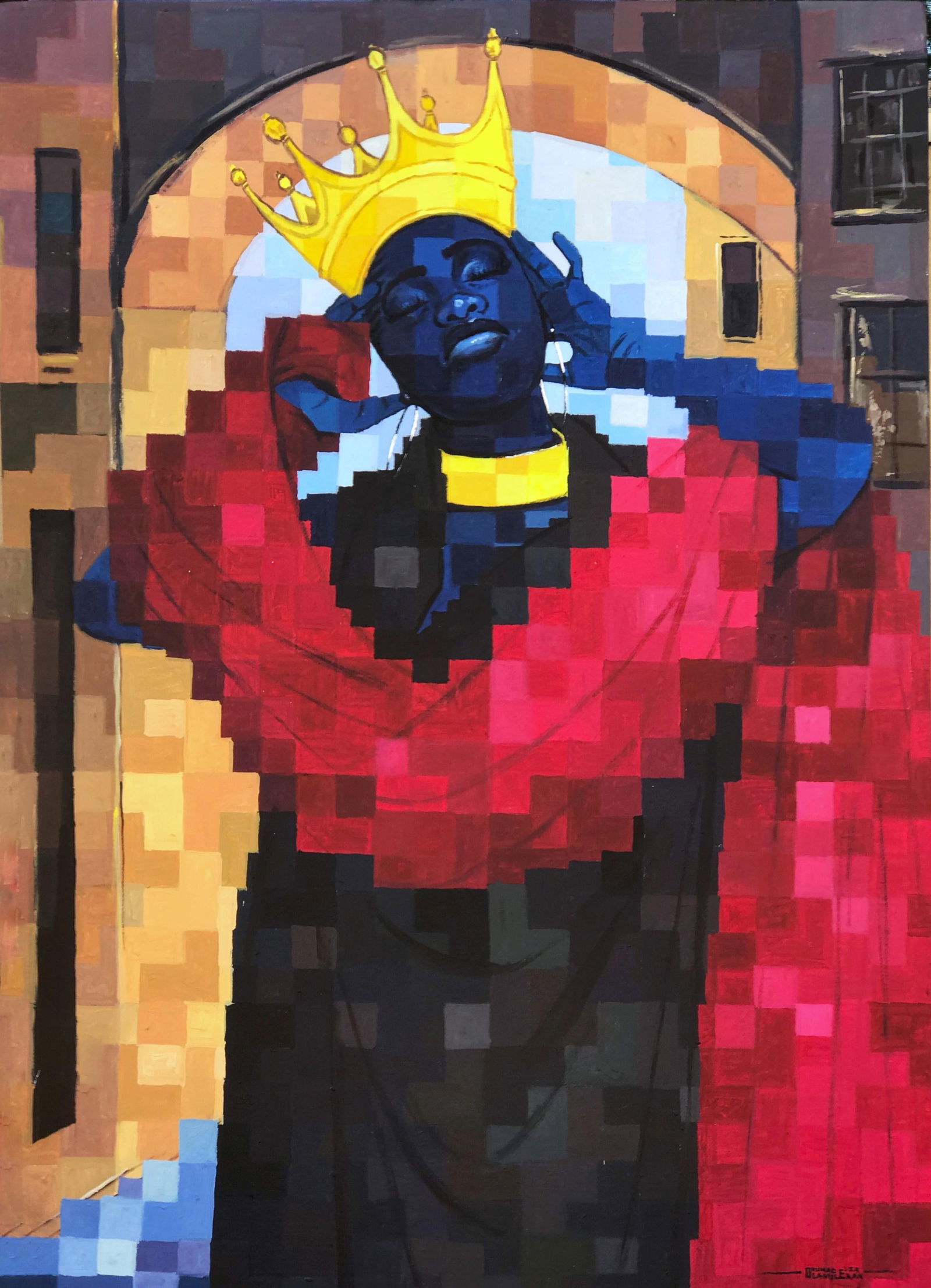 Olamilekan Okunade, Woman King -21st Century, Contemporary, Figurative, Pixelated, Red, Crown - 5