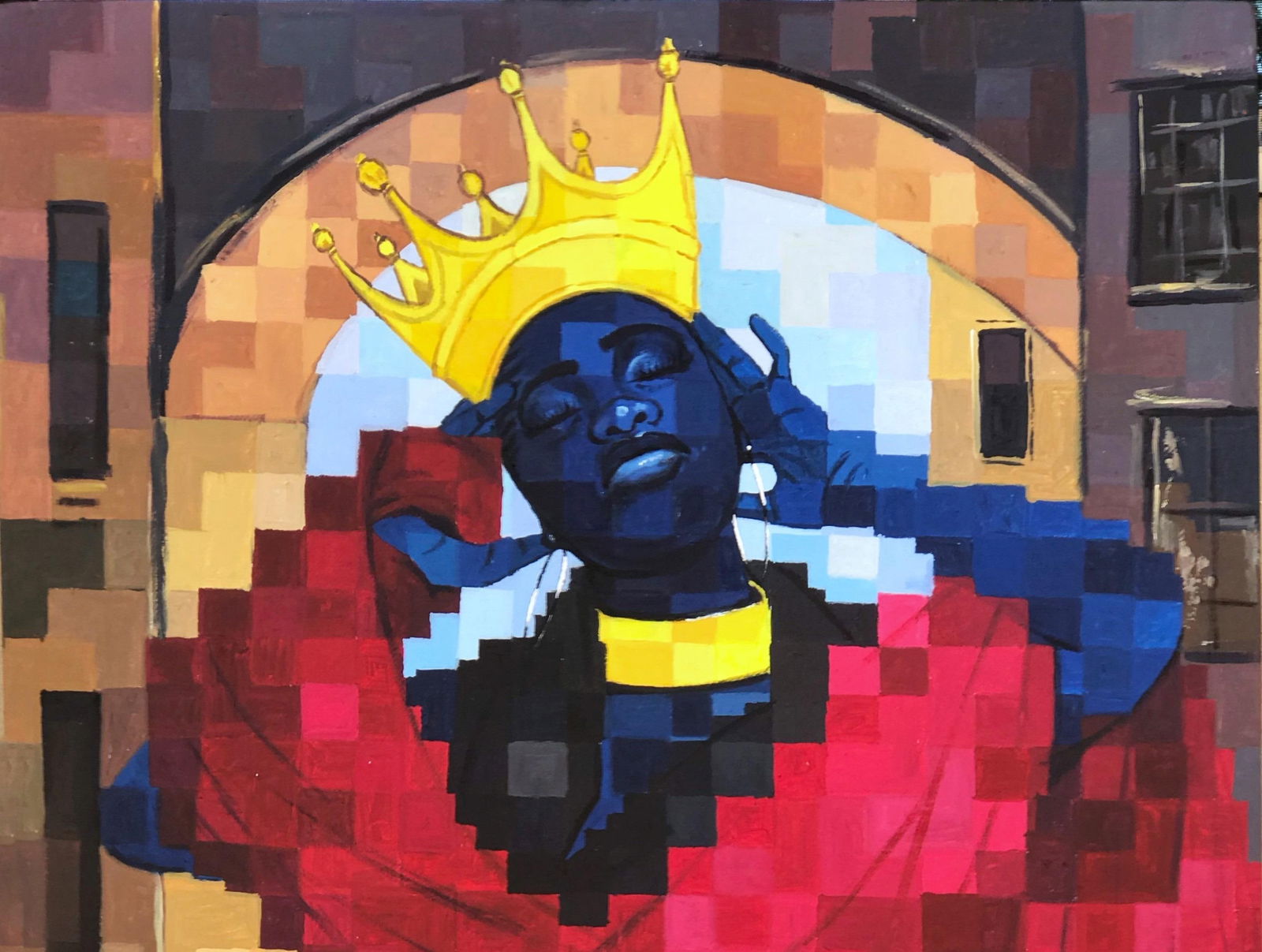 Olamilekan Okunade, Woman King -21st Century, Contemporary, Figurative, Pixelated, Red, Crown - 6