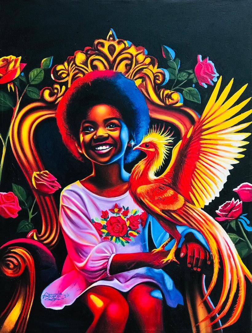 Awosola Michael Angello, Joy Reborn - 21st Century, Contemporary, Figurative Portrait, Oil, Bird, - 2