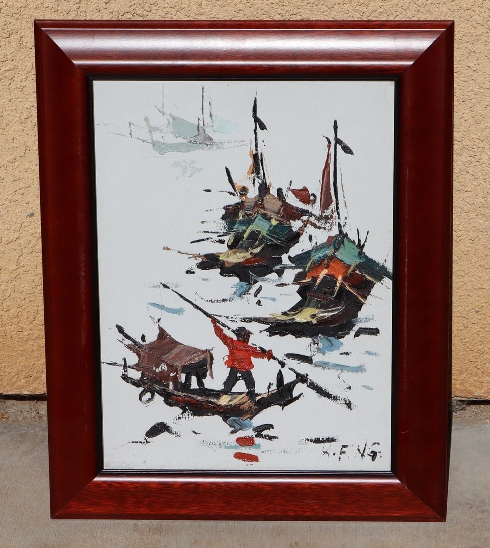K.F. NG Original Abstract Expressionist Oil Painting Junk Boats: Title:K.F. NG Original Abstract Expressionist Oil Painting Junk Boats Description:K. F. NG (Chinese/American born 1941). Also known as: Kee Fung Ng. Original Modernist Abstract Expressionist oil paint