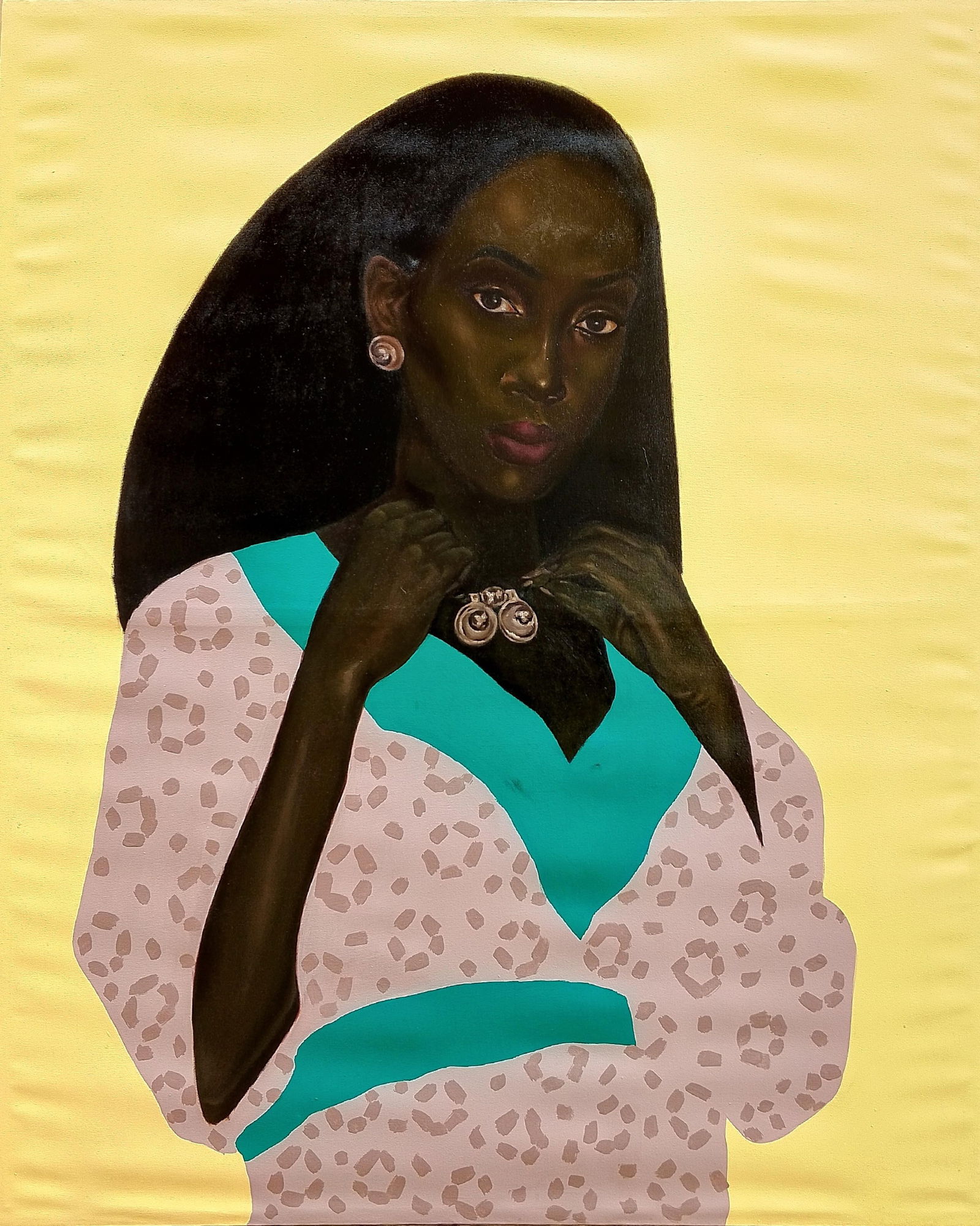 Babatunde Adeogun, Keep It Safe - 21st Century, Contemporary, Figurative Portrait, Black Women, 2024: Creator: Babatunde Adeogun (1990, Nigerian) Creation Year: 2024 Dimensions: Height: 59.5 in (151.13 cm)Width: 47.7 in (121.16 cm)Depth: 1 in (2.54 cm) Medium: Canvas,Oil,Acrylic Movement & Style: Cont