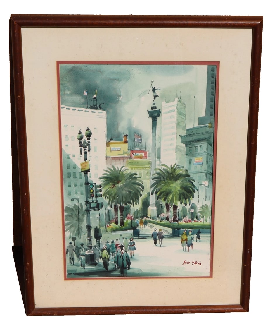 SUN YING Original Watercolor Union Square Scene with Statue The Dewey Monument: Title:SUN YING Original Watercolor Union Square Scene with Statue The Dewey Monument Description:SUN YING (1919-2016). Circa 1970s San Francisco watercolor of Union Square Scene featuring the statue "