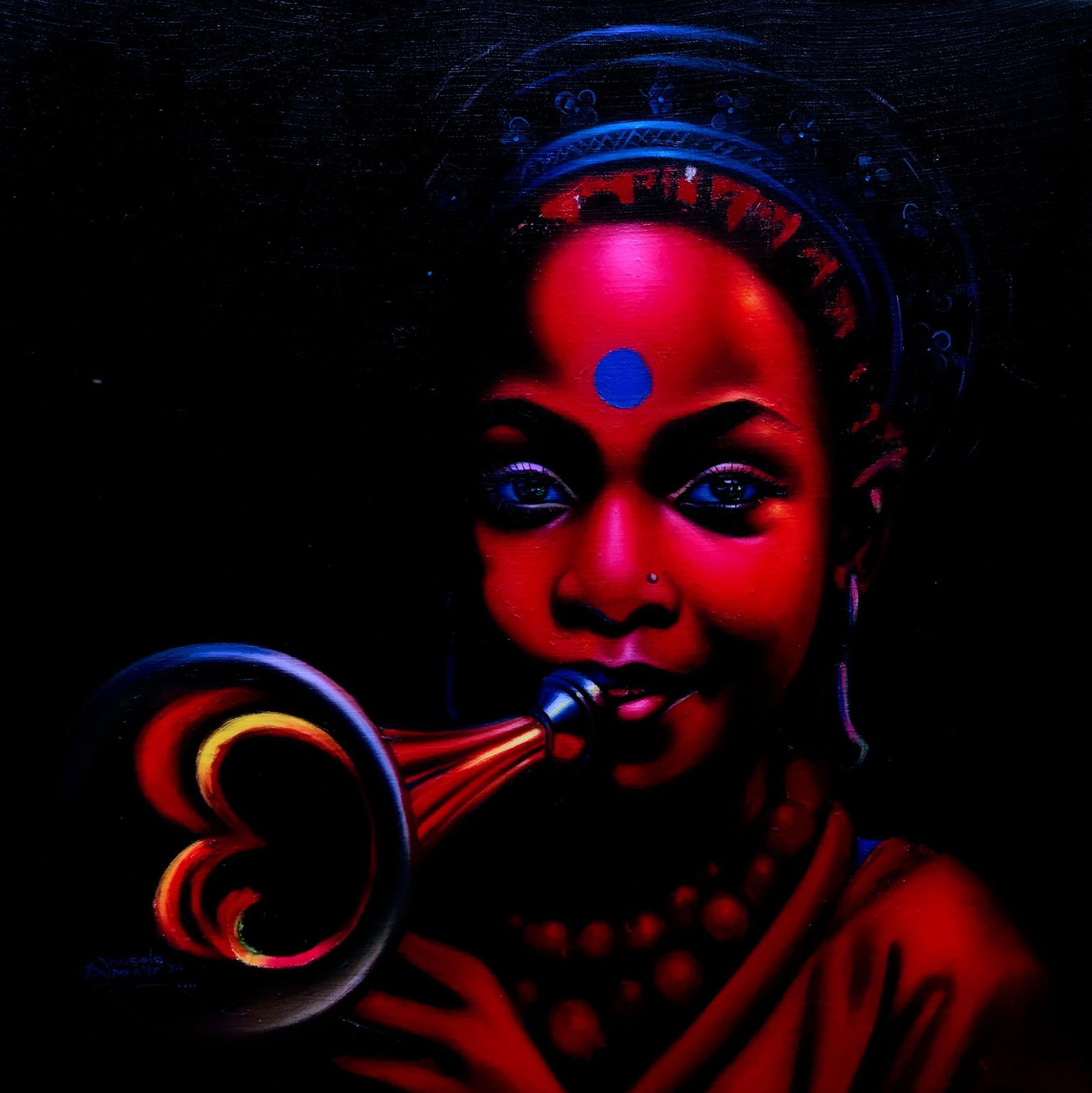 Awosola Michael Angello, Dotted Blue - 21st Century, Contemporary, Figurative Portrait, Oil, Music, - 4