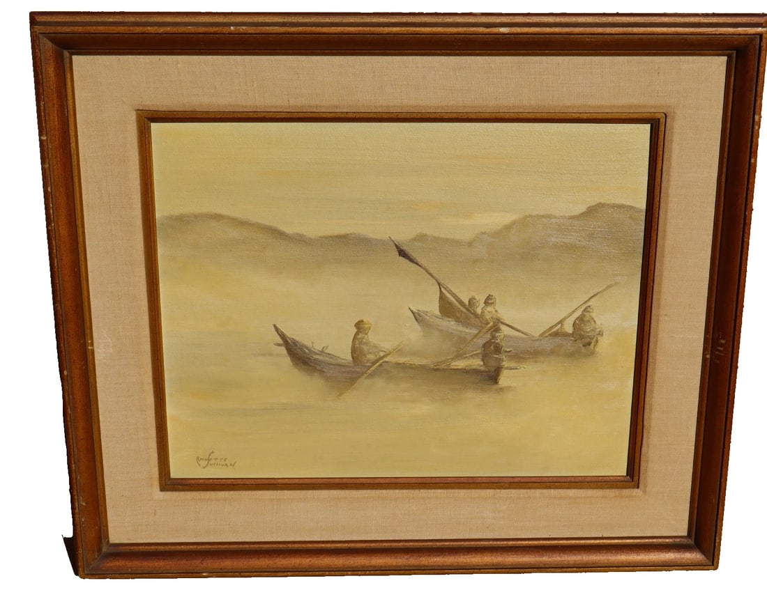 ANNETTE SULLIVAN Original oil painting Asian Figures on Rowboats in Misty Waters: Title:ANNETTE SULLIVAN Original oil painting Asian Figures on Rowboats in Misty Waters Description:ANNETTE SULLIVAN. Mid Century Circa 1960s original oil painting. Asian Figures on Rowboats in Misty W