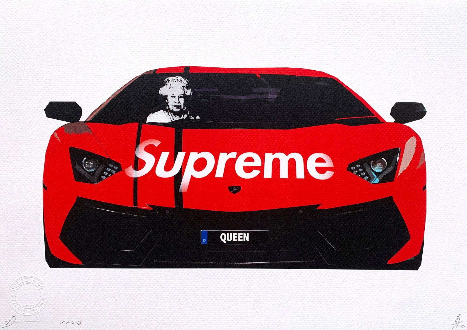Death NYC Lamborghini Queen Supreme: Title:Death NYC Lamborghini Queen SupremeDate/Period:21st CenturyMaterials:Giclee on Fine art 300 gsm paperSize:17 3/4 x 12 1/2 inchesDescription:Artist: Death NYC, limited edition giclee on paper,