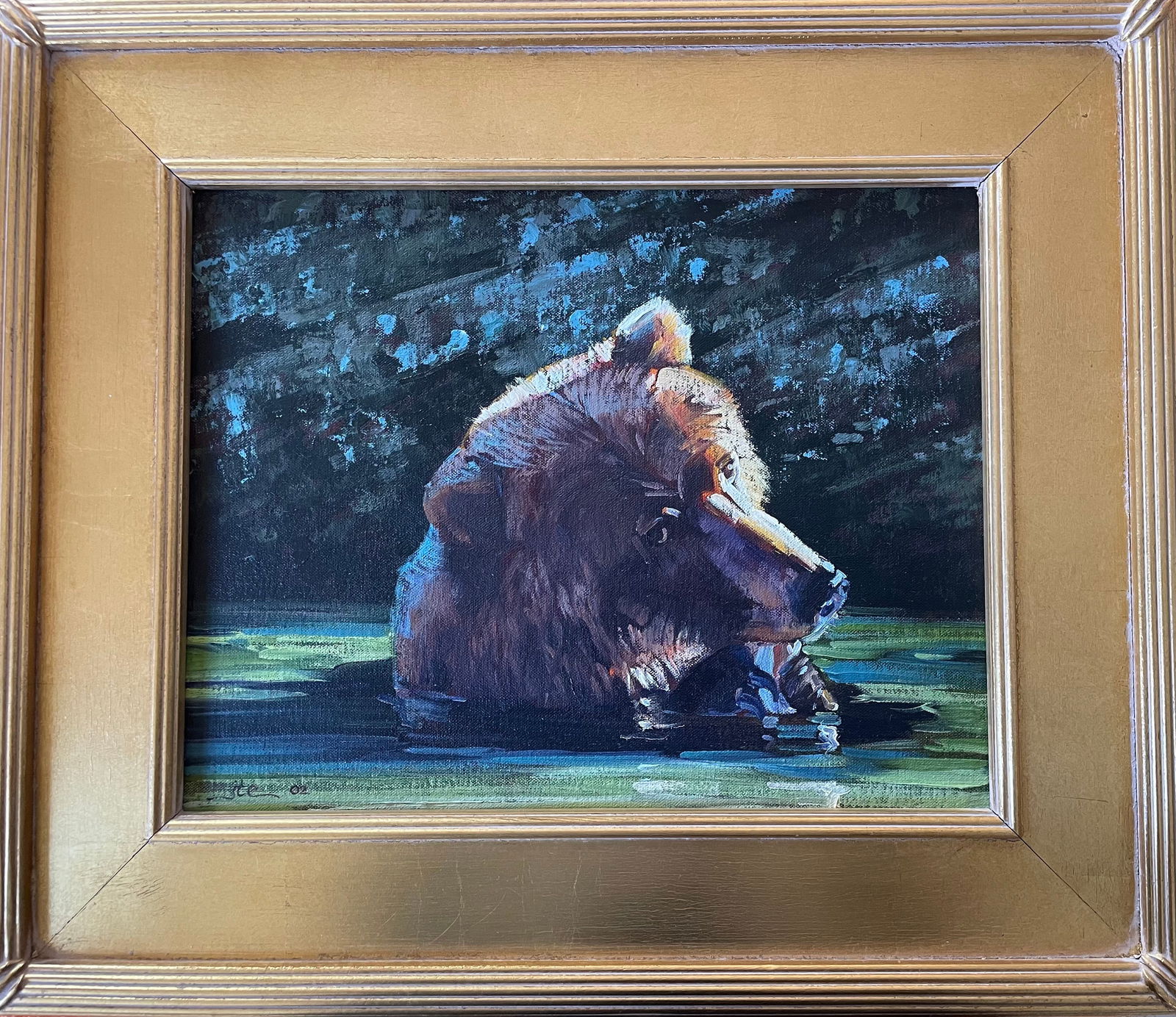 Bath & Breakfast (bear eating a fish): Artist: JTE (initials)Title:Bath & Breakfast (bear eating a fish)Description: expressionist painting depicting wildlife scene of a bear eating fish as breakfast; signed with the initials JTE lower