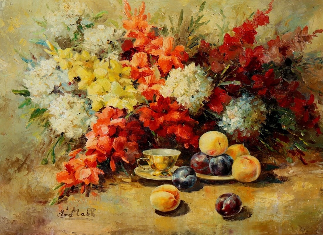 EVA MAKK Original oil painting Still Life with Flowers, Fruit and Cup: Title:EVA MAKK Original oil painting Still Life with Flowers, Fruit and CupDescription:EVA MAKK (Hungarian 1933-2023). Still Life with Flowers, Fruit and Cup, 30" x 40" oil on canvas, signed lower