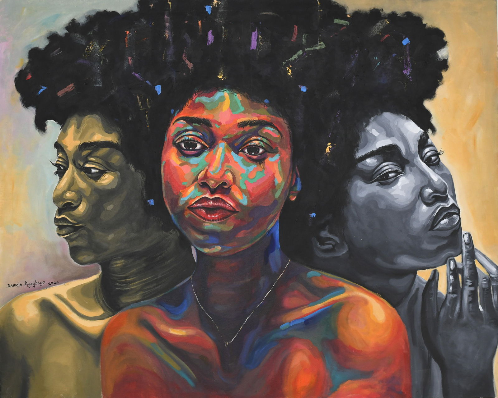 Damola Ayegbayo , Sisterhood 3 -21st Century, Contemporary, Figurative Portrait, Women Africa Love,: Creator: Damola Ayegbayo (1987, Nigerian) Creation Year: 2024 Dimensions: Height: 48 in (121.92 cm)Width: 60 in (152.4 cm)Depth: 1 in (2.54 cm) Medium: Canvas,Acrylic Movement & Style: Contemporary Pe