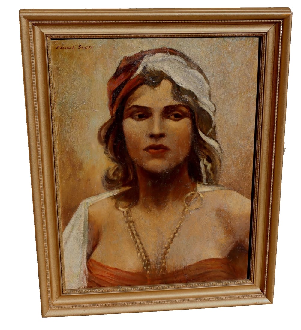 EDWIN C. SAUTER Original Mid Century oil painting of a Pretty Gypsy Woman: Title:EDWIN C. SAUTER Original Mid Century oil painting of a Pretty Gypsy Woman Description:EDWIN C. SAUTER (Edwin Charles Scott Sauter 1895-1966). Original oil on board. Pretty Gypsy Woman, Circa 194