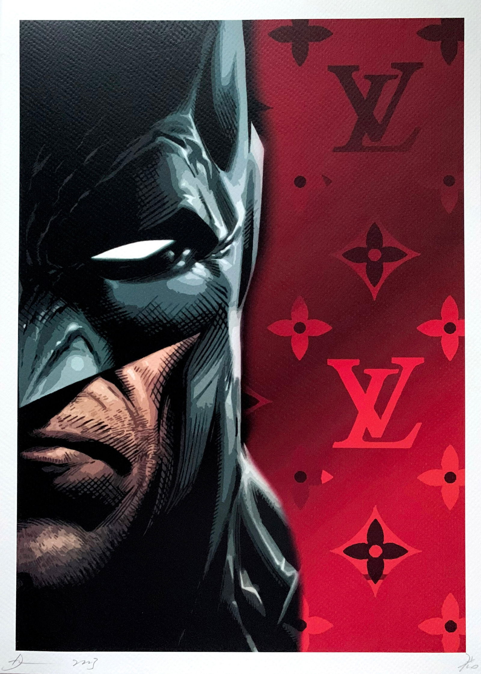 Death NYC Batman Louis Vuitton: Title:Death NYC Batman Louis VuittonDate/Period:21st CenturyMaterials:Giclee on Fine art 300 gsm paperSize:17 3/4 x 12 1/2 inchesDescription:Artist: Death NYC, limited edition giclee on paper, out of