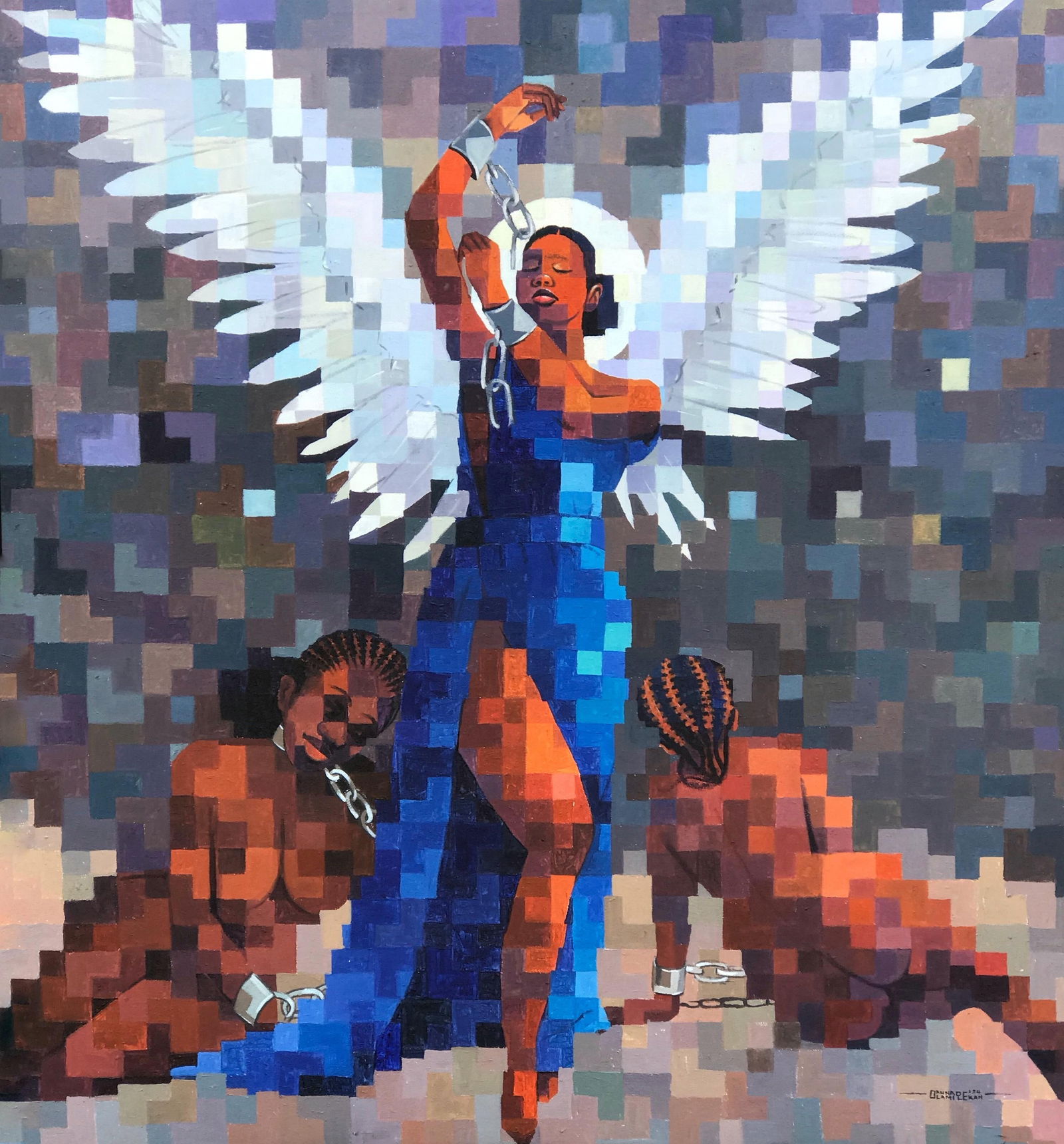 Olamilekan Okunade, An Ode To Liberty -21st Century, Contemporary, Figurative, Pixelated: Creator: Olamilekan Okunade (1988, Nigerian) Creation Year: 2023 Dimensions: Height: 60 in (152.4 cm)Width: 55 in (139.7 cm)Depth: 1 in (2.54 cm) Medium: Canvas,Acrylic Movement & Style: 