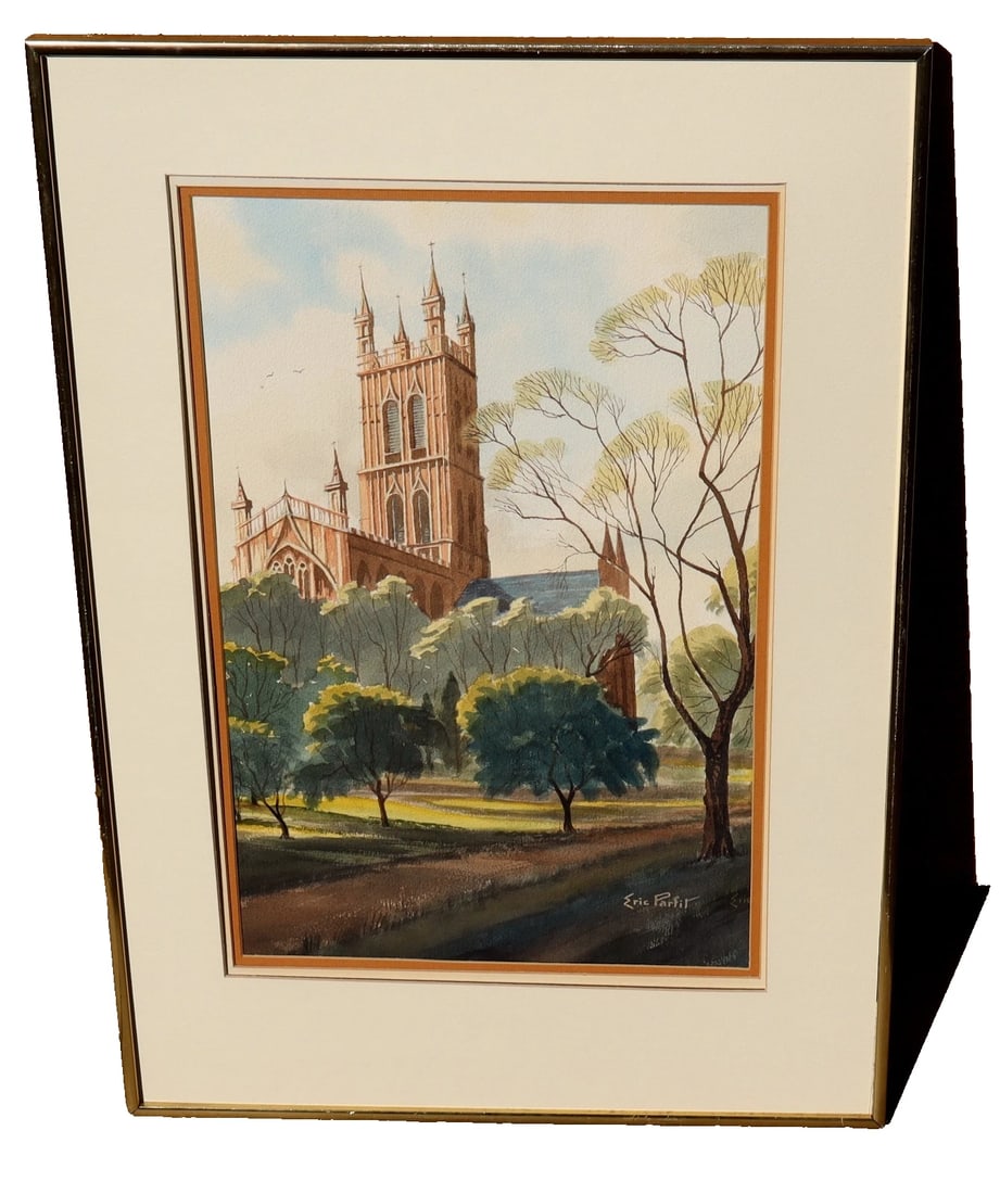 Eric Parfit Landscape with English Church ORIGINAL watercolor: Title:Eric Parfit Landscape with English Church ORIGINAL watercolor Description:ERIC PARFIT (1909-2004). ORIGINAL WATERCOLOR PAINTING. Landscape with English Church, 19" x 12-1/2" image sight size (fr