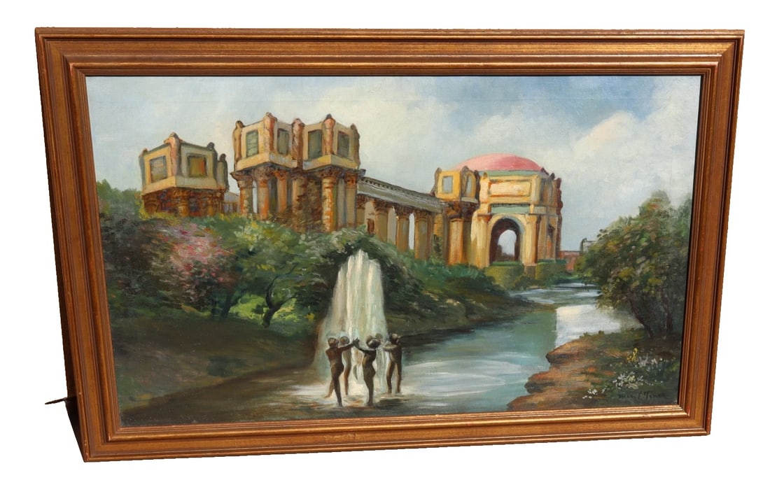 Mid Century California oil painting of the Palace of Fine Arts San Francisco: Title:Mid Century California oil painting of the Palace of Fine Arts San FranciscoDescription:Mid Century oil painting of the Palace of Fine Arts, San Francisco, California with fountain, 22" x 36"