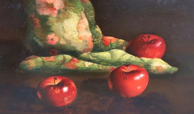 EVA MAKK Original oil painting Still Life with Apples and Textile - 4