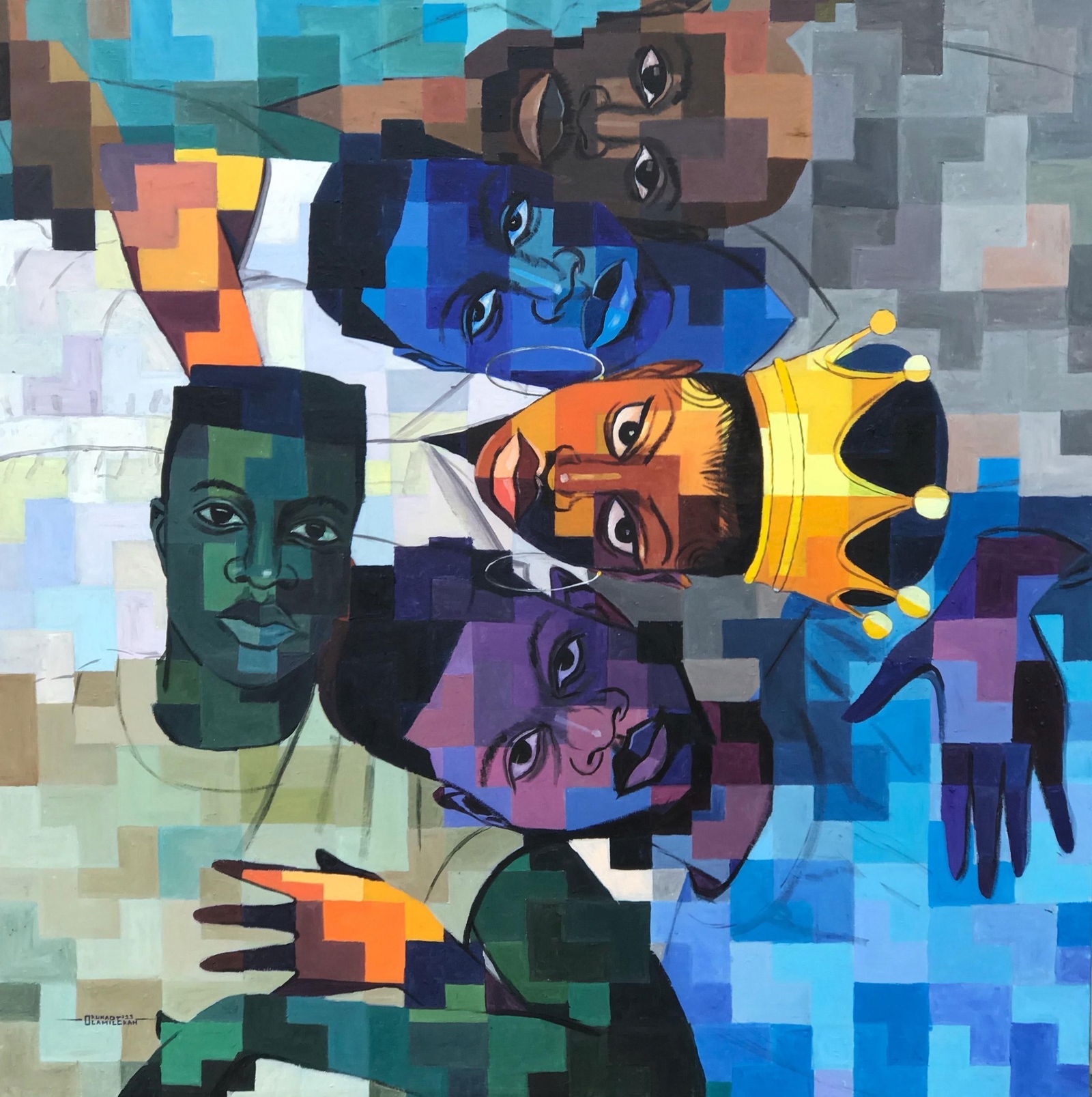 Olamilekan Okunade, An Ode of False Bonds -21st Century, Contemporary, Figurative, Pixel, Modern: Creator: Olamilekan Okunade (1988, Nigerian) Creation Year: 2024 Dimensions: Height: 54 in (137.16 cm)Width: 54 in (137.16 cm)Depth: 1 in (2.54 cm) Medium: Canvas,Acrylic Movement & Style: 