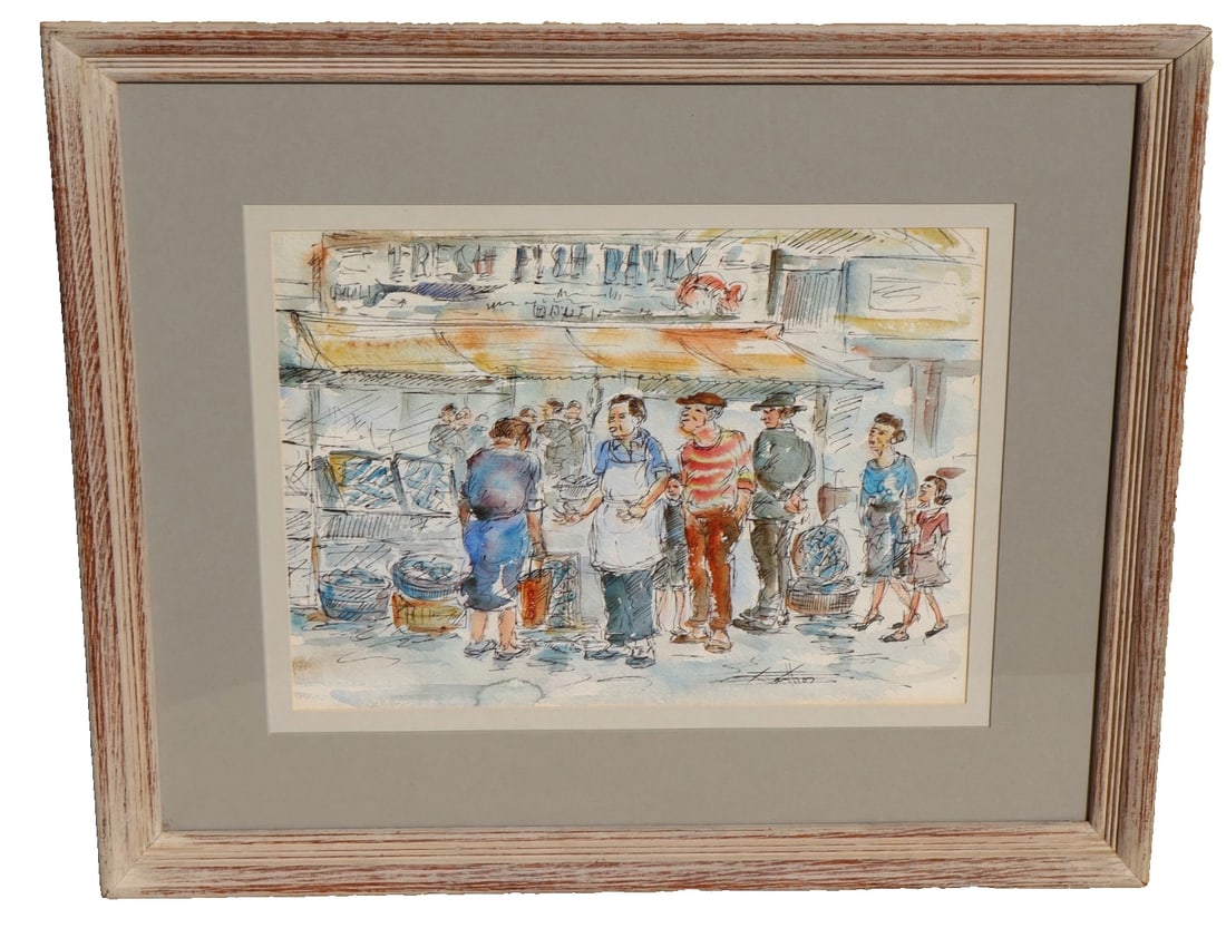 STEVEN ANTON XANTHOS Old Associated American Artists Watercolor &Ink Fish Market: Title:STEVEN ANTON XANTHOS Old Associated American Artists Watercolor &Ink Fish Market Description:STEVEN ANTON XANTHOS. Has an old Associated American Artist's label on the back with a price of $30.0