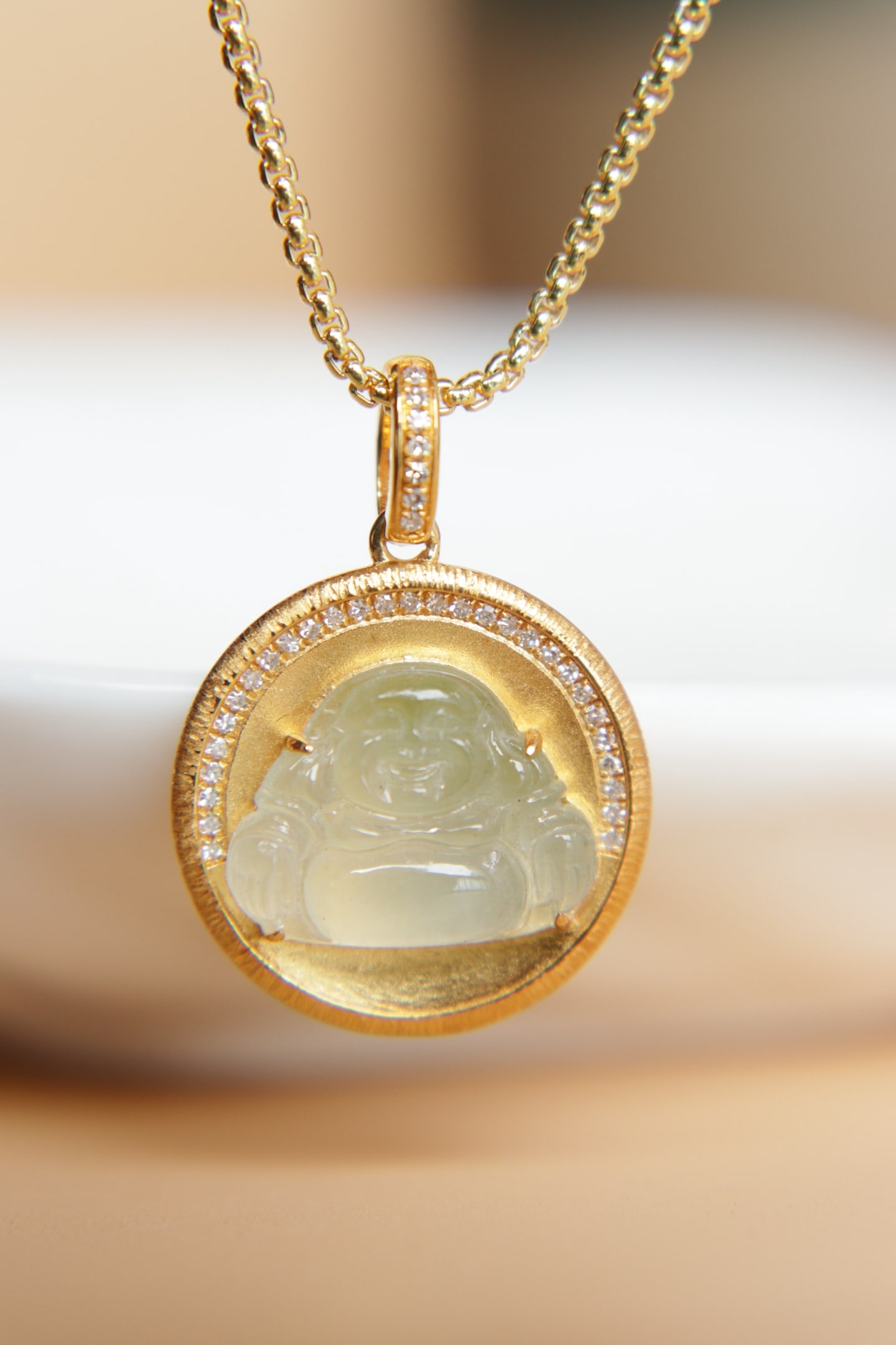 18K Gold Jadeite Buddha Pendant with Diamonds, Translucent Ice-Green Jade - 3