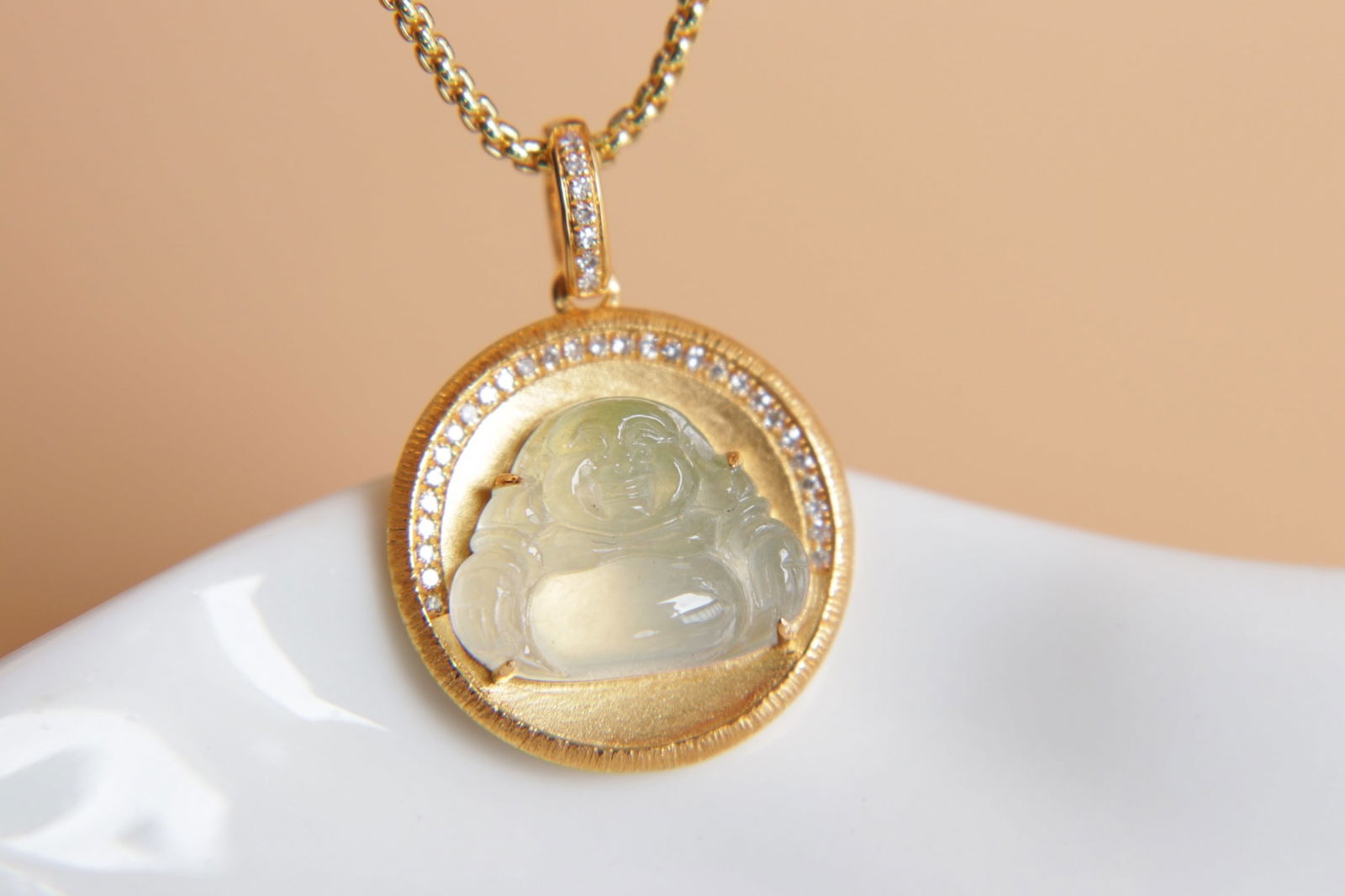 18K Gold Jadeite Buddha Pendant with Diamonds, Translucent Ice-Green Jade - 4