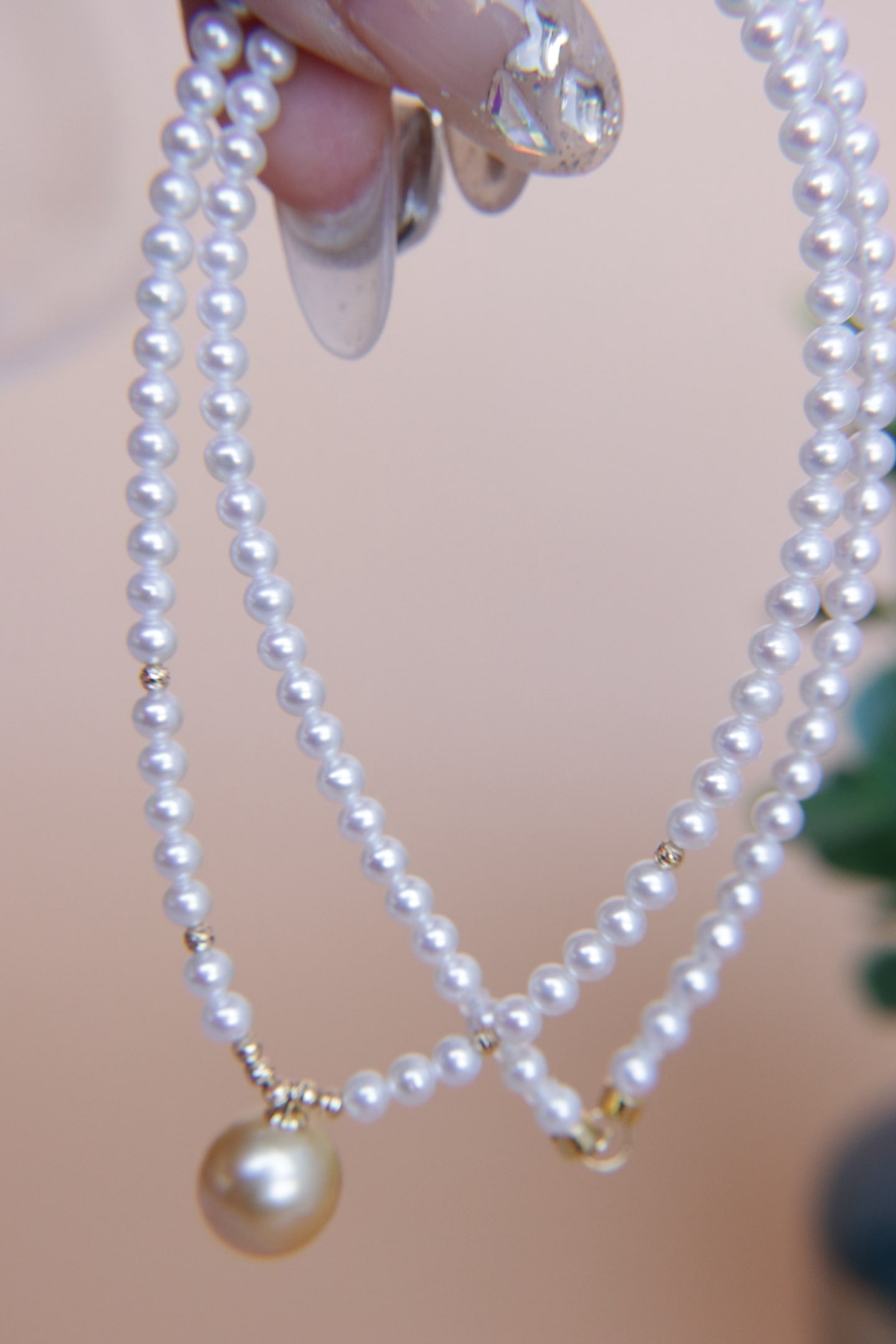 18K Gold Natural Aurora Freshwater Pearl Necklace with South Sea Golden Pearl Pendant - 3